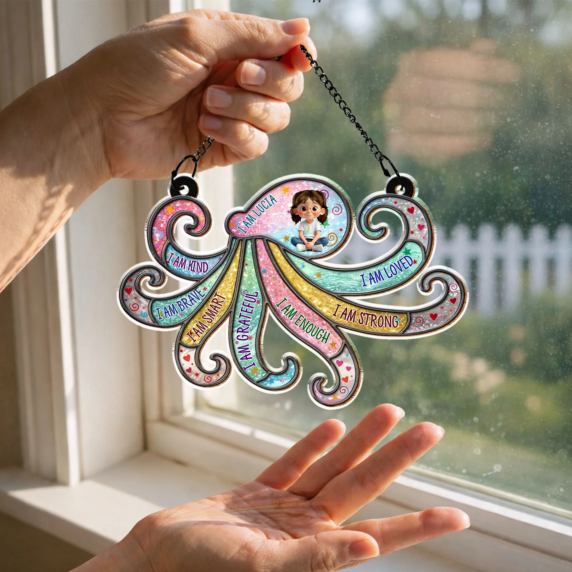 I Am Kind Brave Smart Grateful Affirmations Personalized Girl And Swirls - Personalized Custom Suncatcher - KID590_CSUN - Image 2