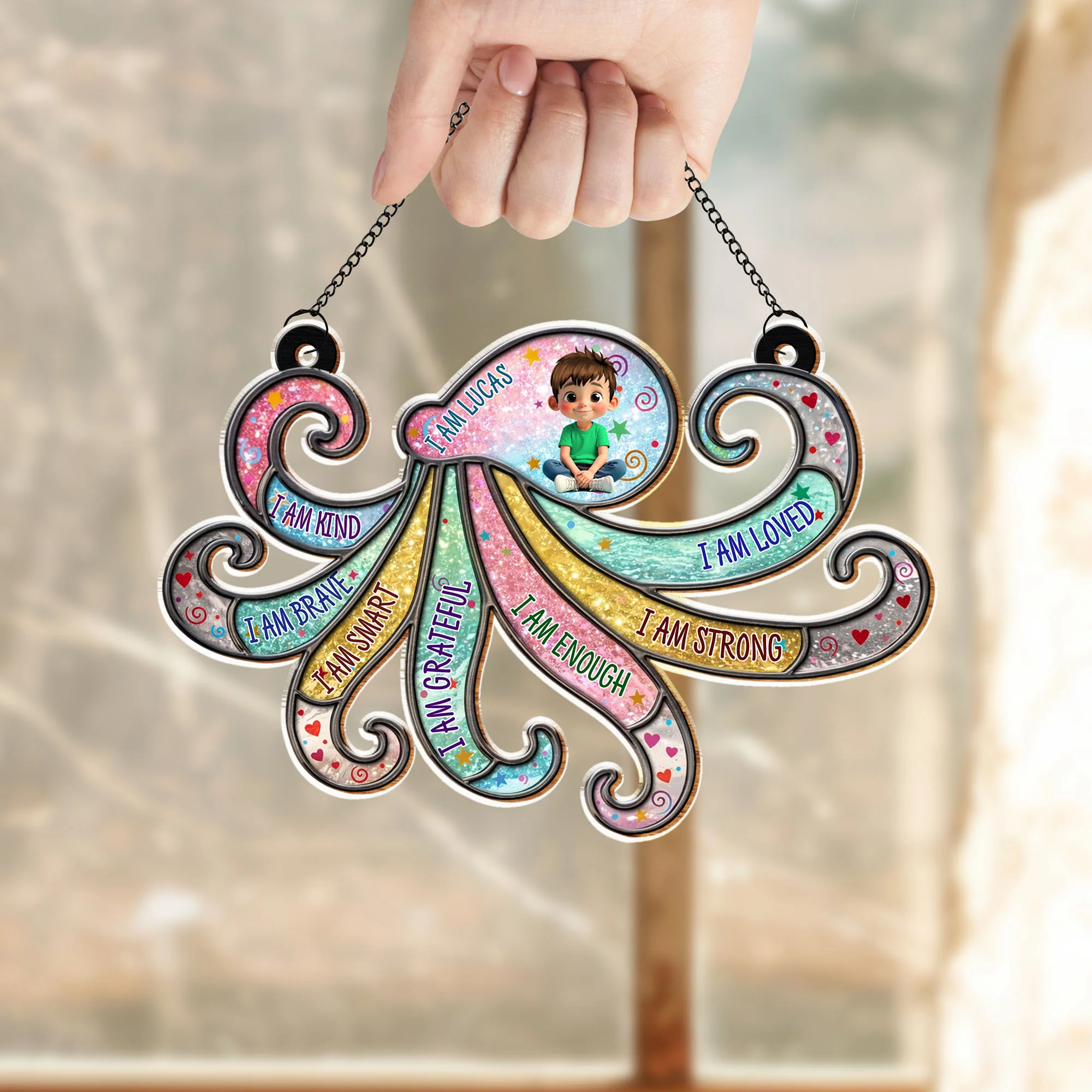 I Am Kind Brave Smart Grateful Affirmations Personalized Girl And Swirls - Personalized Custom Suncatcher - KID590_CSUN - Image 5
