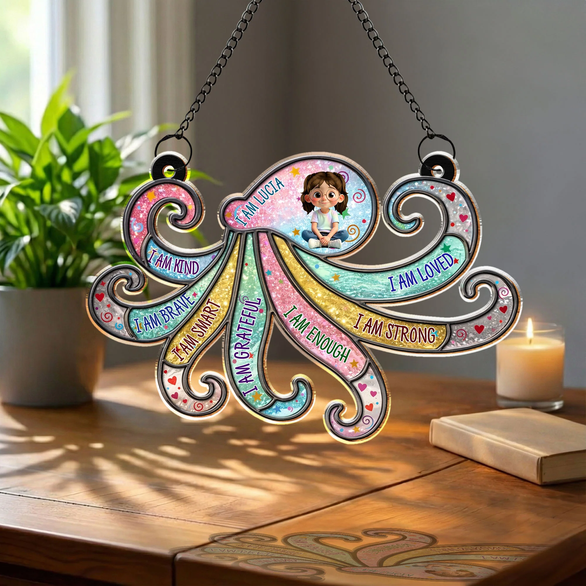 I Am Kind Brave Smart Grateful Affirmations Personalized Girl And Swirls - Personalized Custom Suncatcher - KID590_CSUN - Image 6