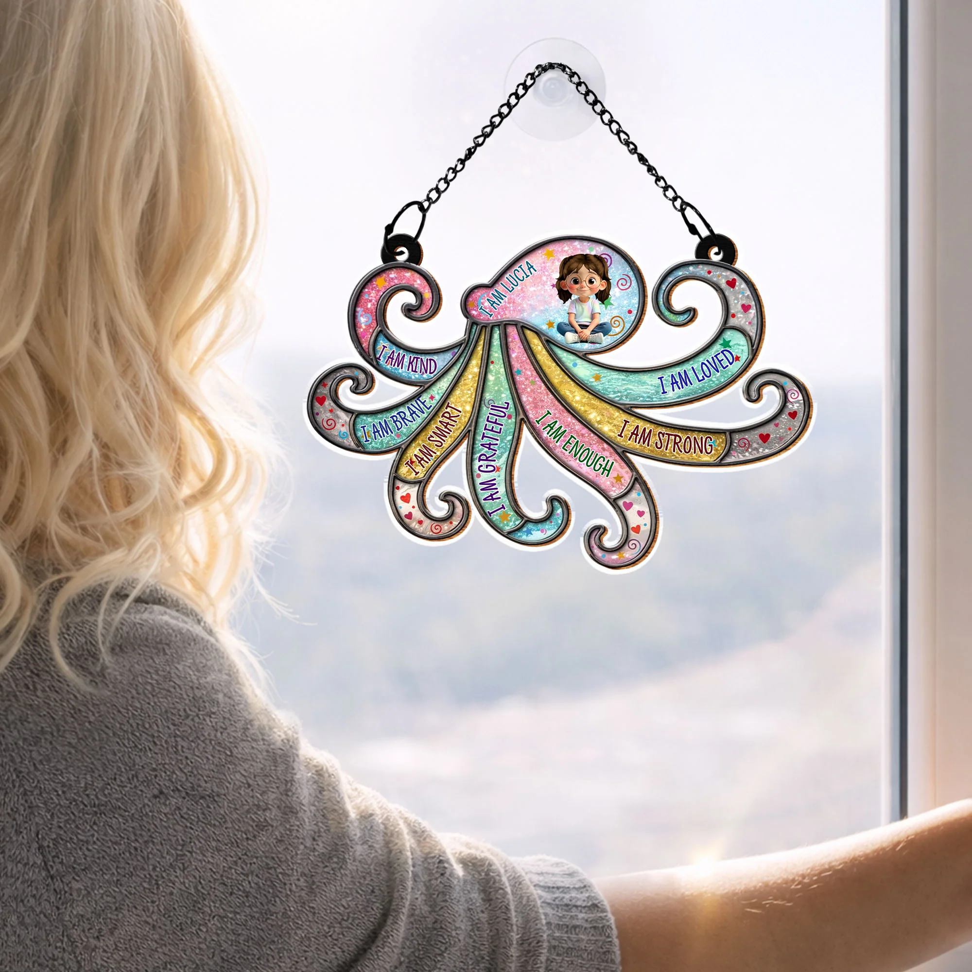 I Am Kind Brave Smart Grateful Affirmations Personalized Girl And Swirls - Personalized Custom Suncatcher - KID590_CSUN - Image 7