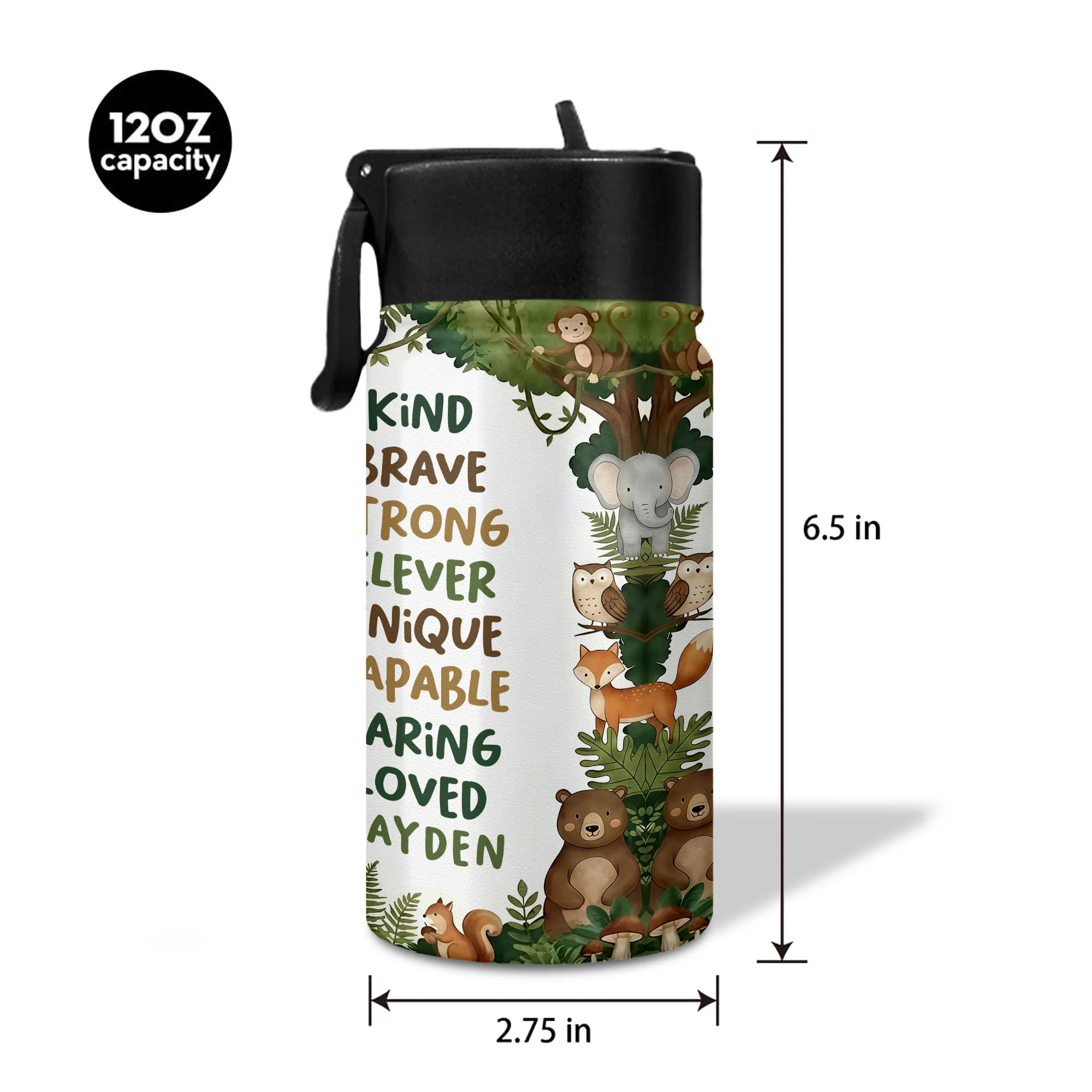 I Am Kind Brave Strong Affirmations With Jungle Animals - Personalized Kids Water Bottle With Straw Lid - KID494_KIBS - Image 3