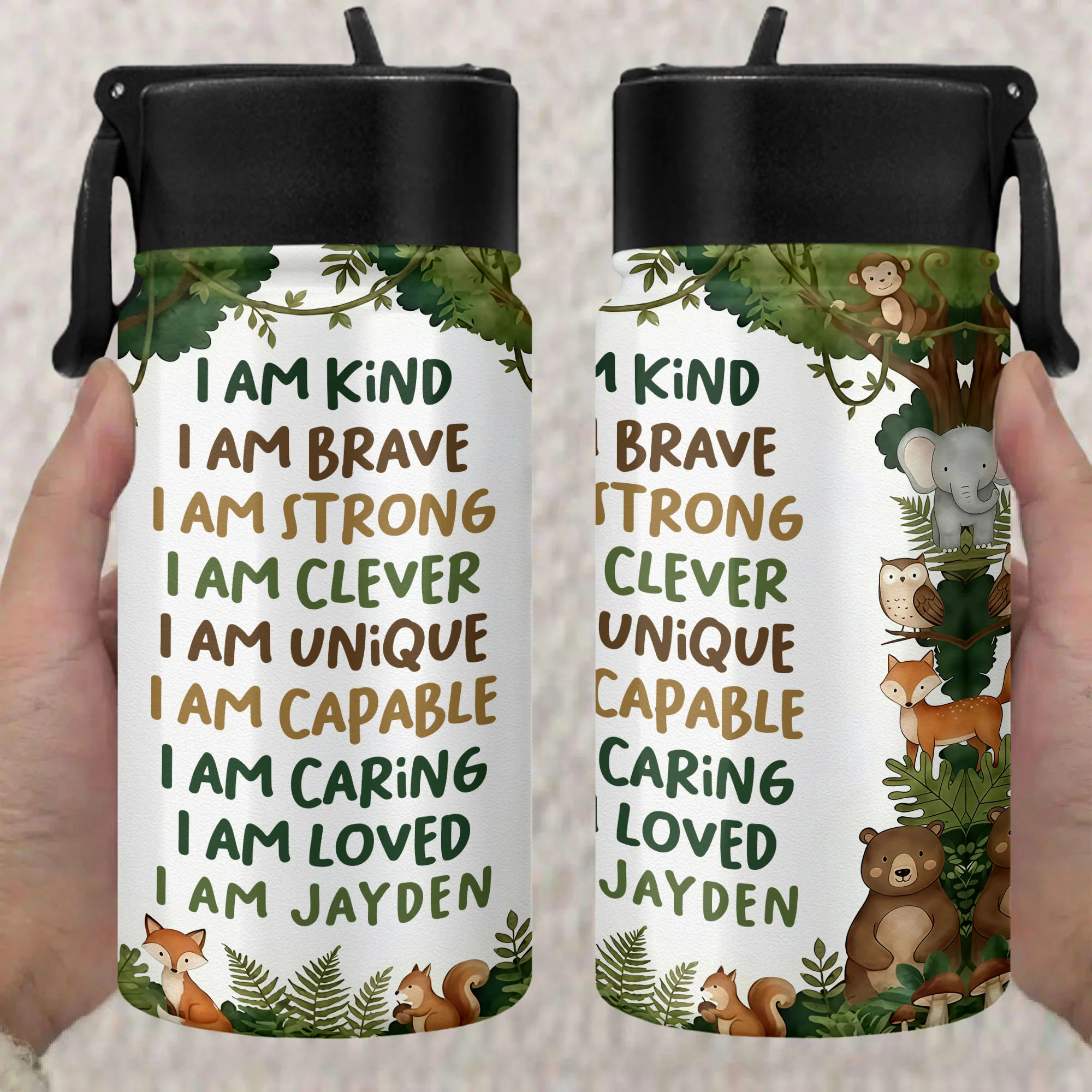 I Am Kind Brave Strong Affirmations With Jungle Animals - Personalized Kids Water Bottle With Straw Lid - KID494_KIBS - Image 5
