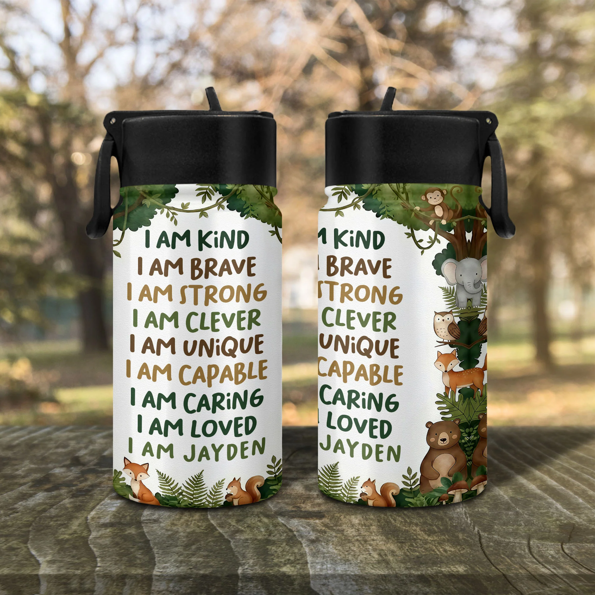 I Am Kind Brave Strong Affirmations With Jungle Animals - Personalized Kids Water Bottle With Straw Lid - KID494_KIBS - Image 8