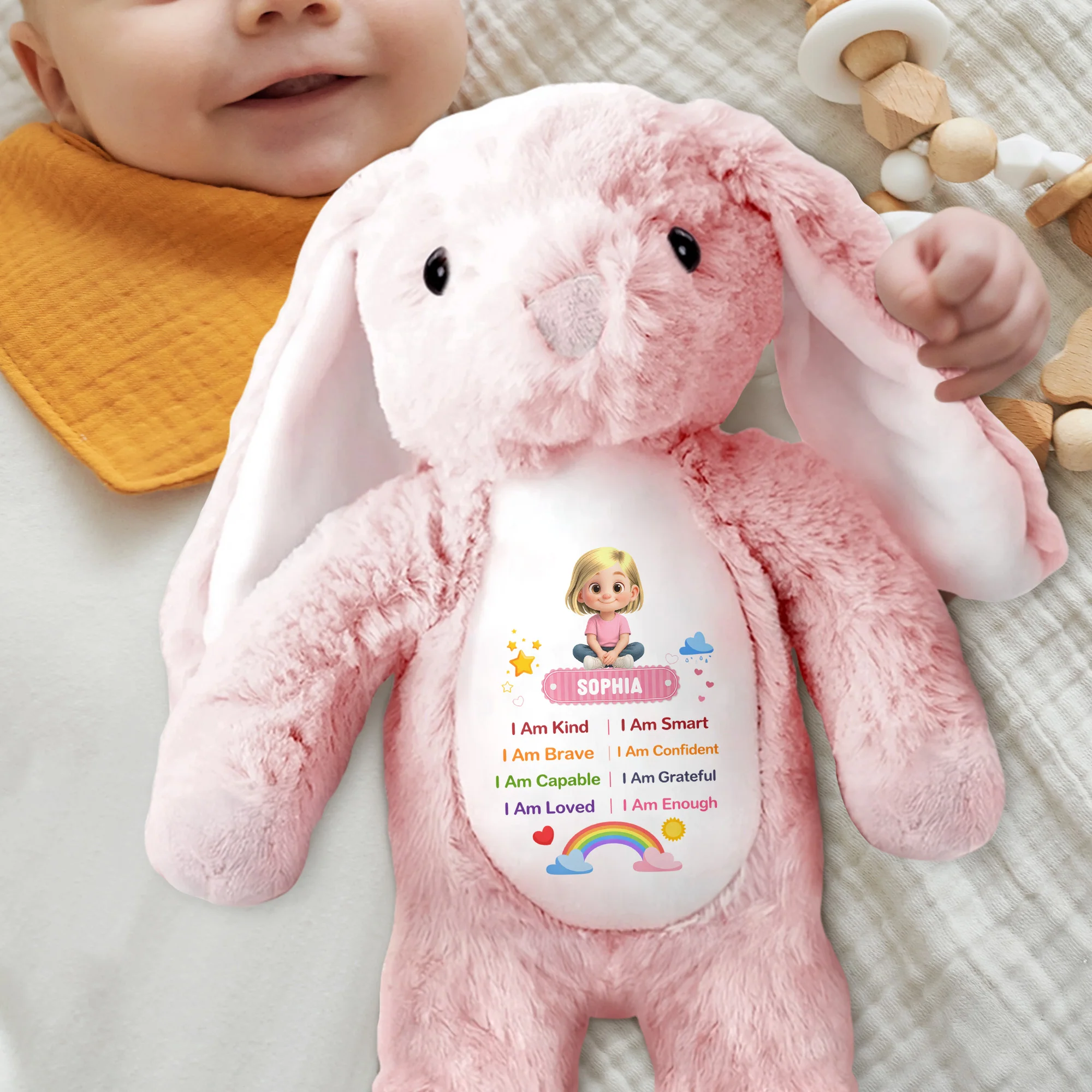 I Am Kind Positive Affirmations Rainbow Girl Personalized Stuffed Bunny - Personalized Stuffed Bunny - KID538_BUN - Image 3