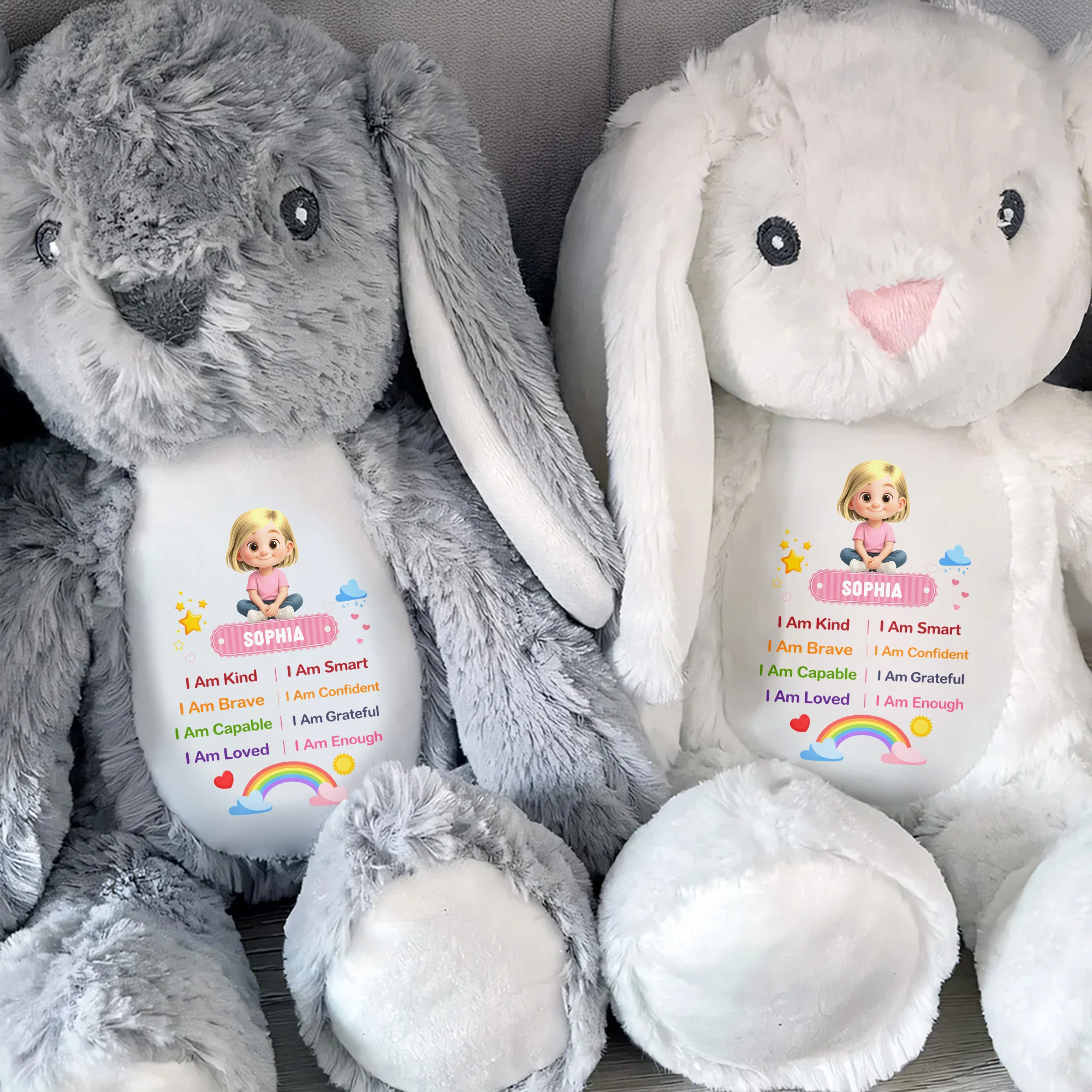 I Am Kind Positive Affirmations Rainbow Girl Personalized Stuffed Bunny - Personalized Stuffed Bunny - KID538_BUN - Image 4