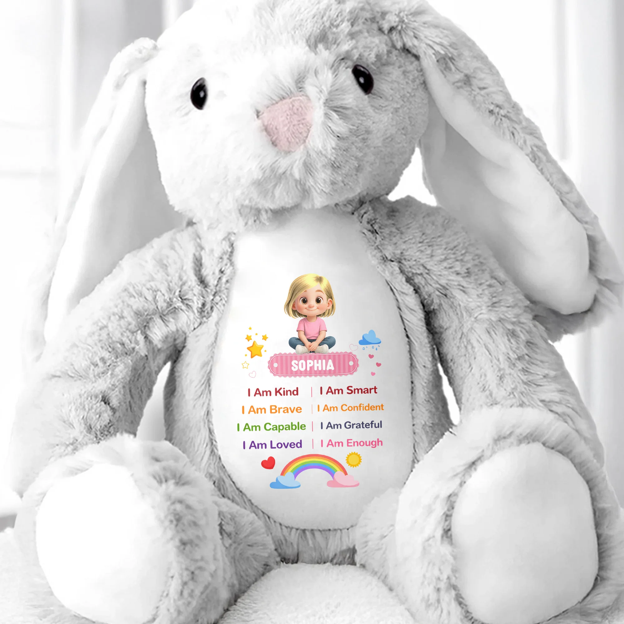 I Am Kind Positive Affirmations Rainbow Girl Personalized Stuffed Bunny - Personalized Stuffed Bunny - KID538_BUN - Image 6