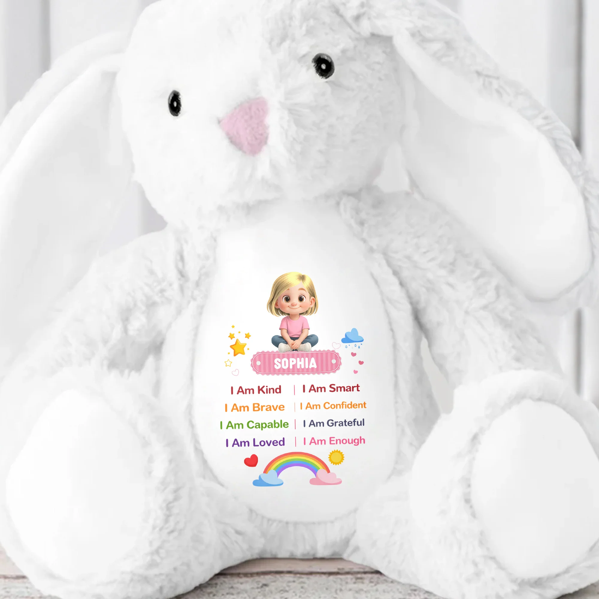 I Am Kind Positive Affirmations Rainbow Girl Personalized Stuffed Bunny - Personalized Stuffed Bunny - KID538_BUN - Image 7