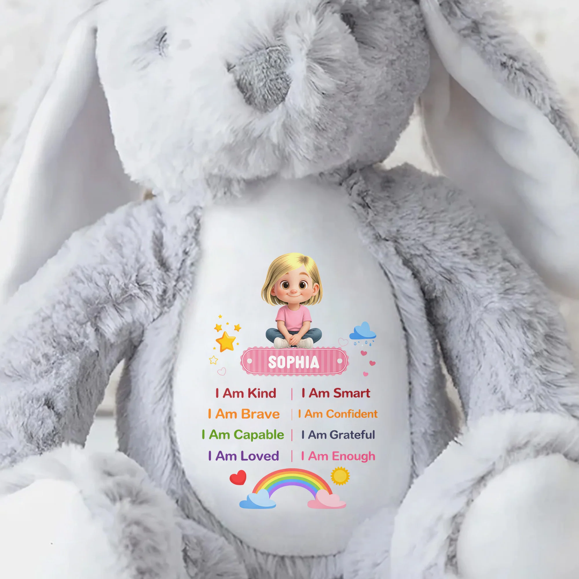I Am Kind Positive Affirmations Rainbow Girl Personalized Stuffed Bunny - Personalized Stuffed Bunny - KID538_BUN - Image 8