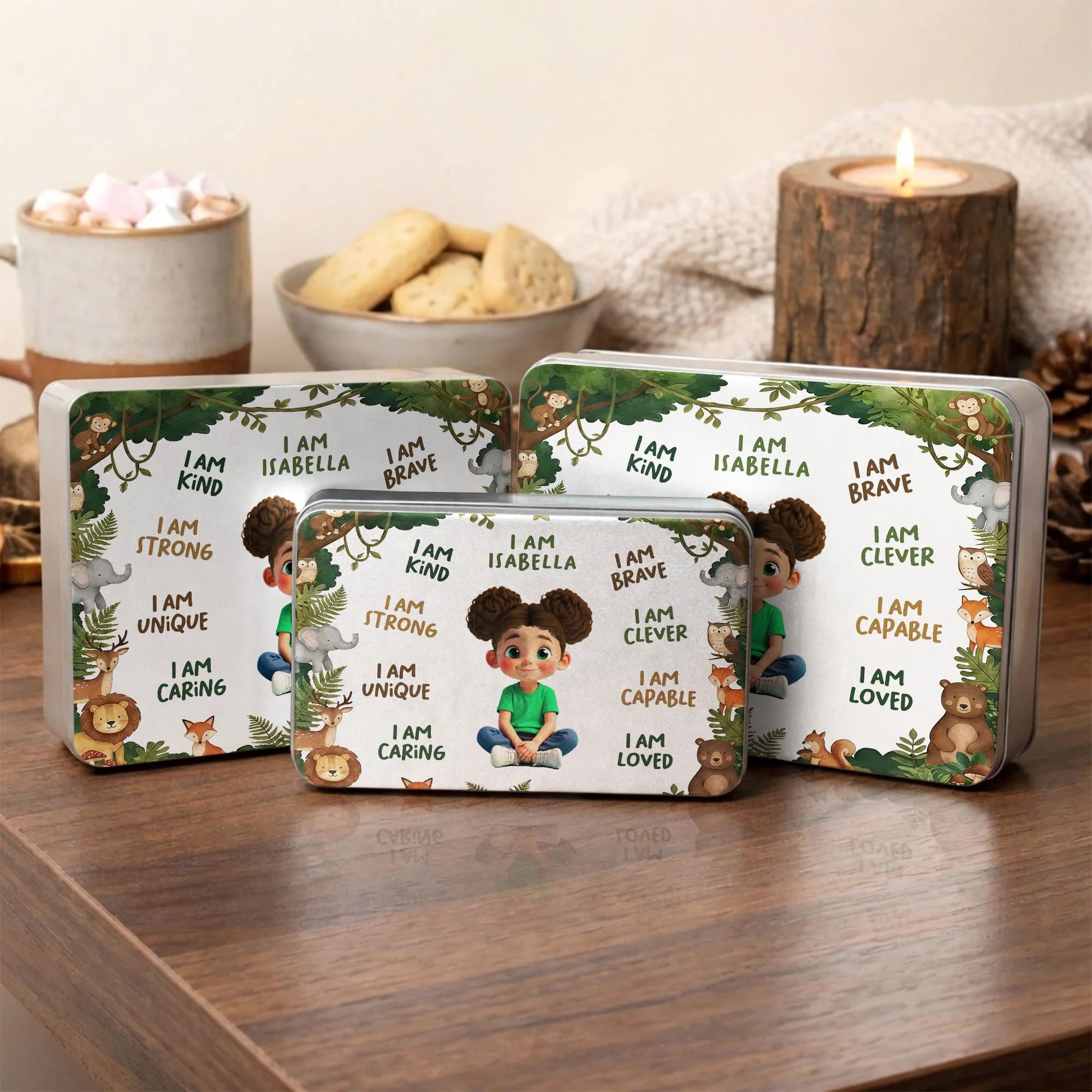 I Am Kind Strong And Loved Affirmations With Jungle Animals - Personalized Cookie Tin Box - KID495_CTBOX - Image 4