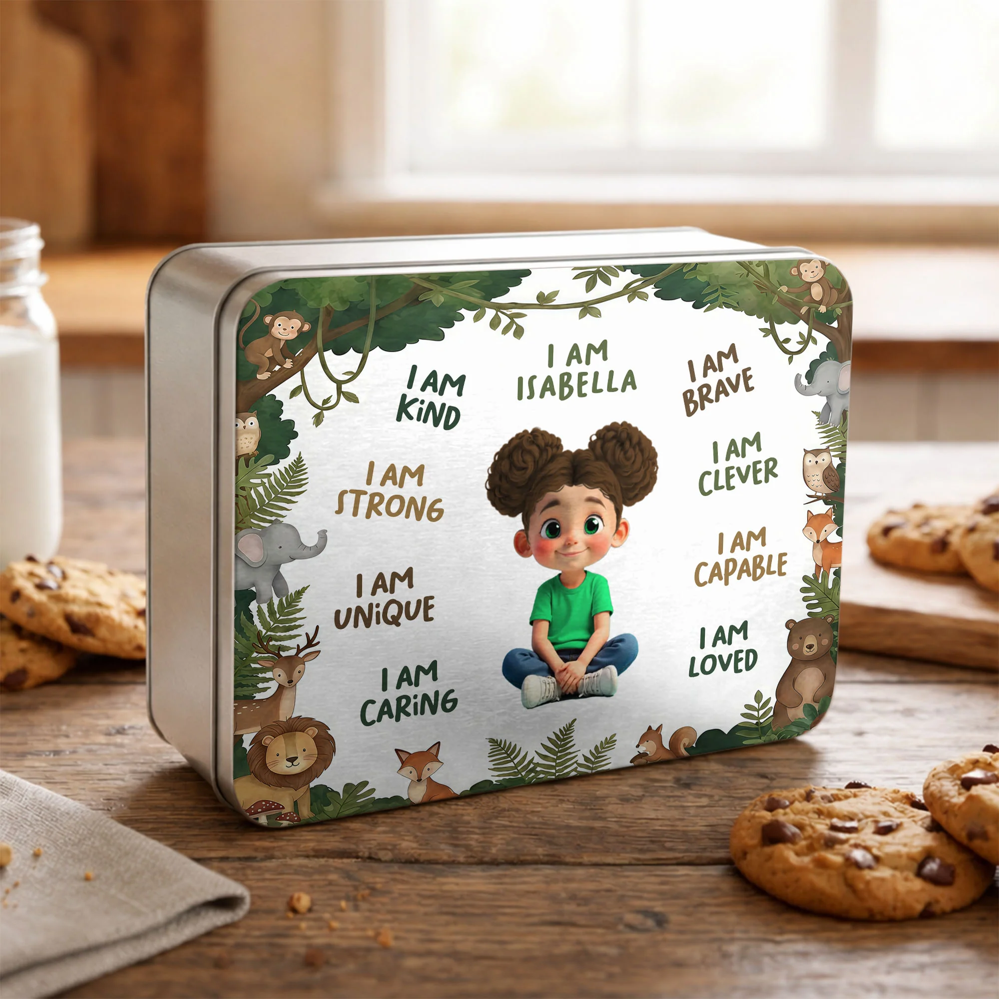 I Am Kind Strong And Loved Affirmations With Jungle Animals - Personalized Cookie Tin Box - KID495_CTBOX - Image 5