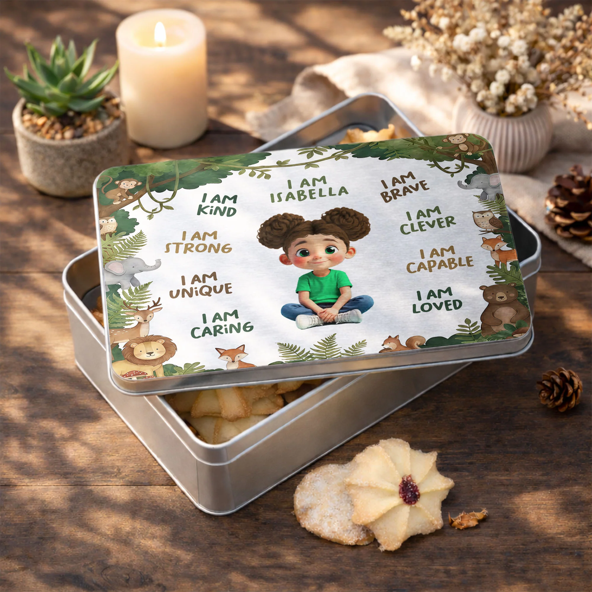 I Am Kind Strong And Loved Affirmations With Jungle Animals - Personalized Cookie Tin Box - KID495_CTBOX - Image 6