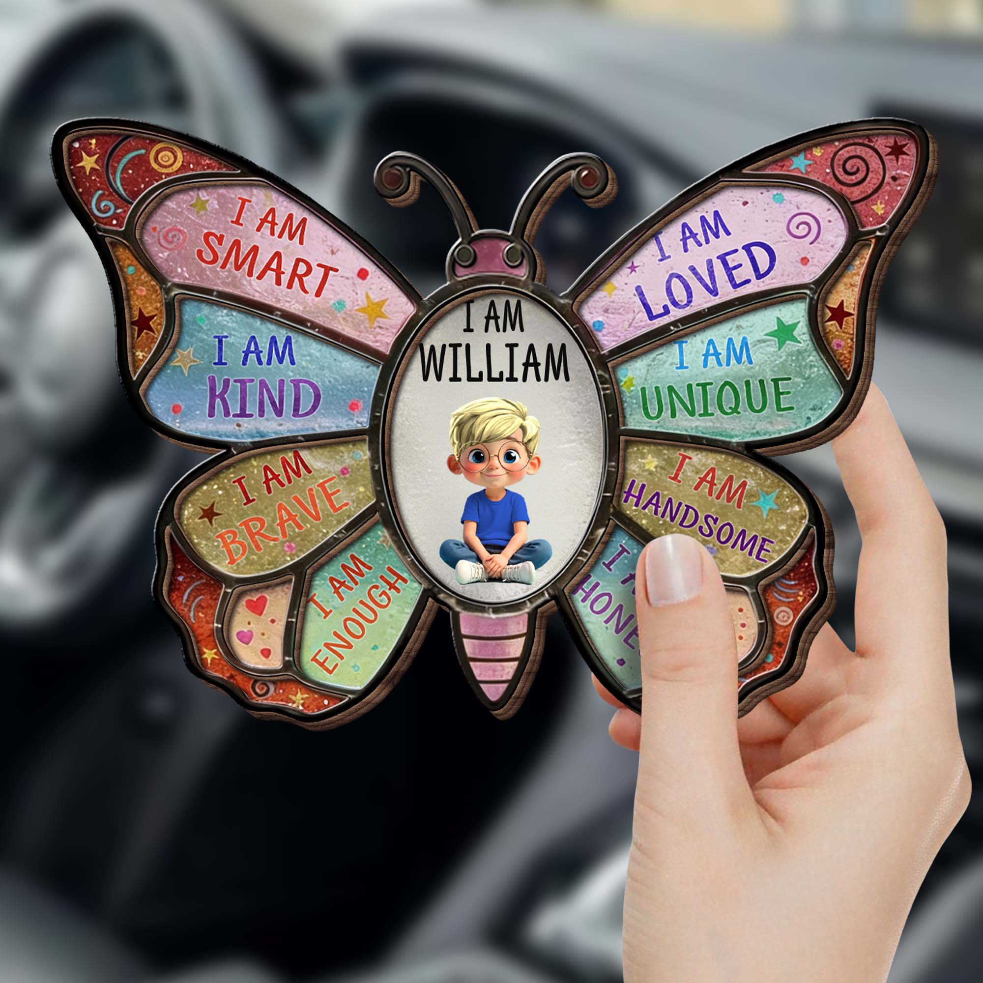 I Am Smart Kind Brave Affirmation Butterfly With Custom Boy Photo - Personalized Custom Shaped Car Visor Clip - KID479_VIS - Image 4