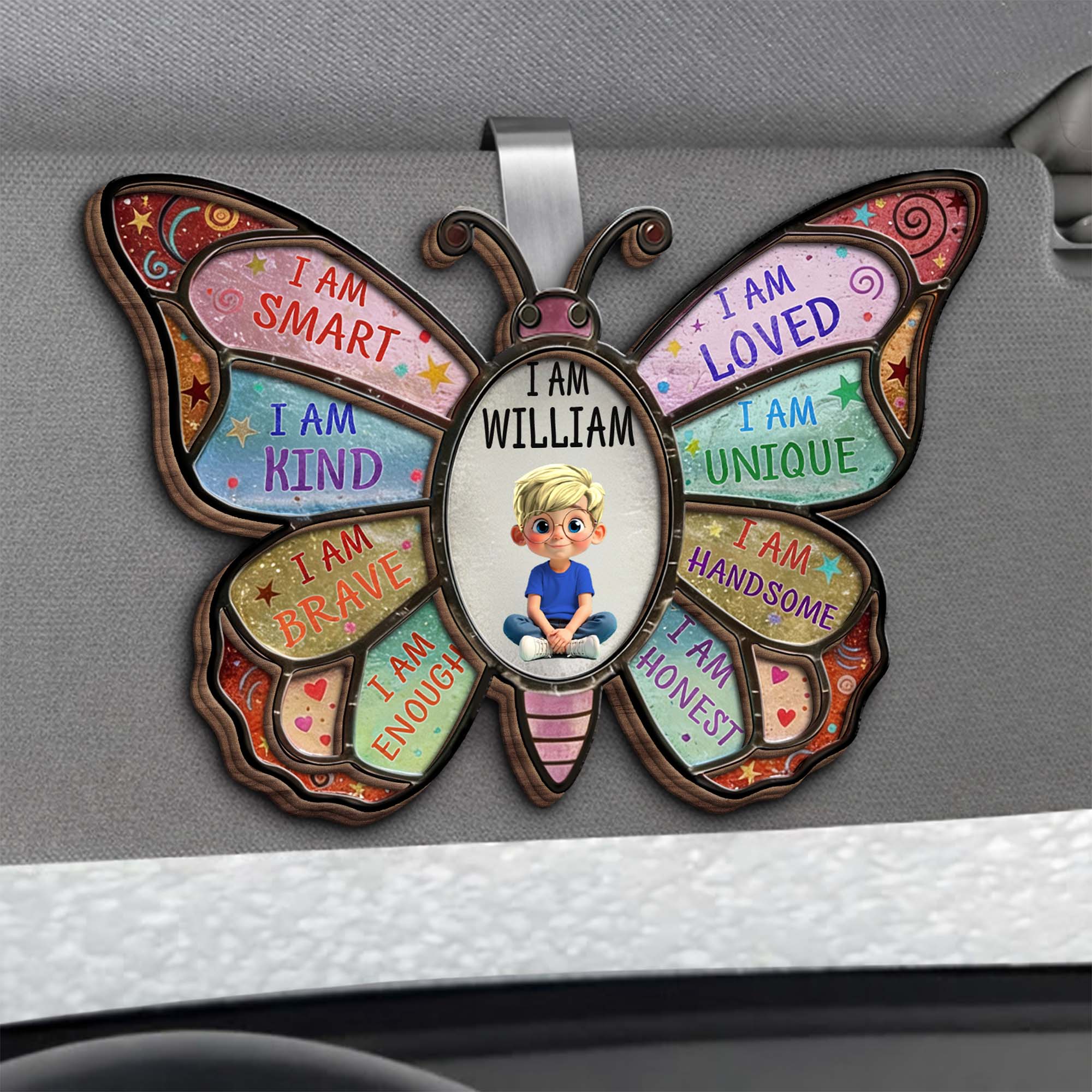 I Am Smart Kind Brave Affirmation Butterfly With Custom Boy Photo - Personalized Custom Shaped Car Visor Clip - KID479_VIS - Image 5