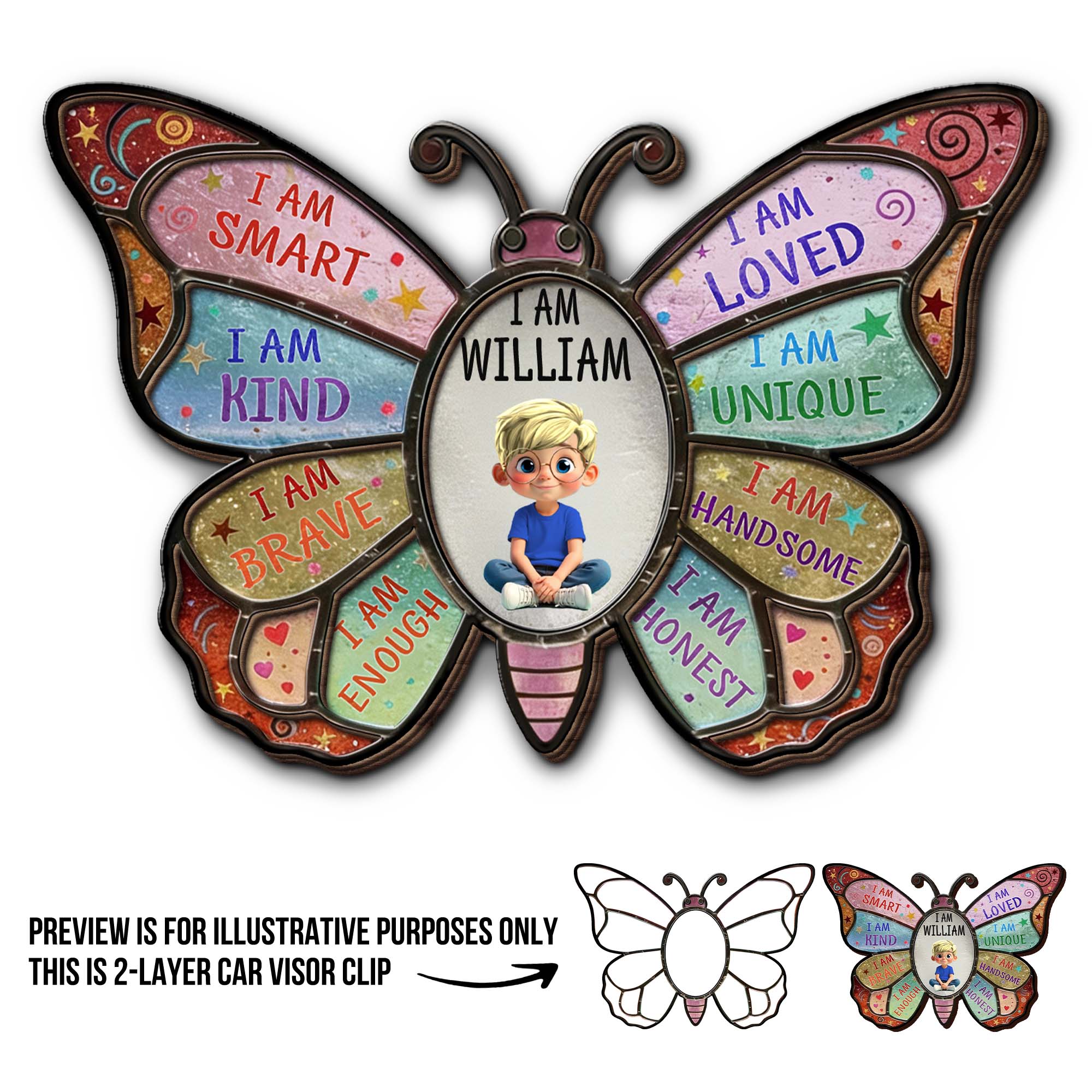 I Am Smart Kind Brave Affirmation Butterfly With Custom Boy Photo - Personalized Custom Shaped Car Visor Clip - KID479_VIS - Image 6