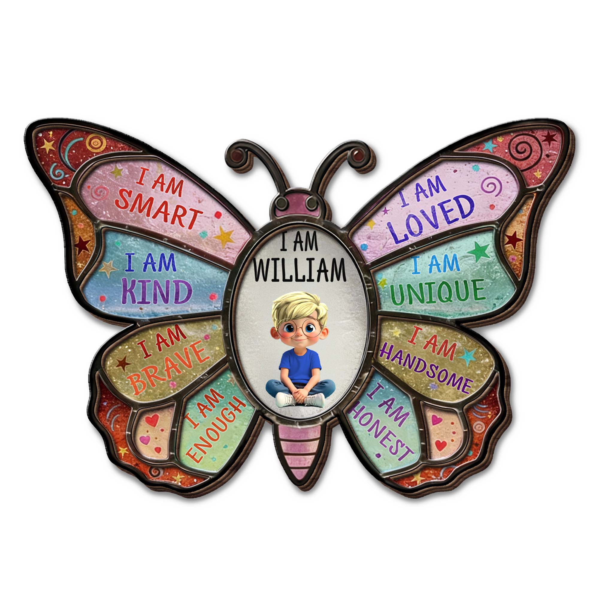 I Am Smart Kind Brave Affirmation Butterfly With Custom Boy Photo - Personalized Custom Shaped Car Visor Clip - KID479_VIS - Image 8