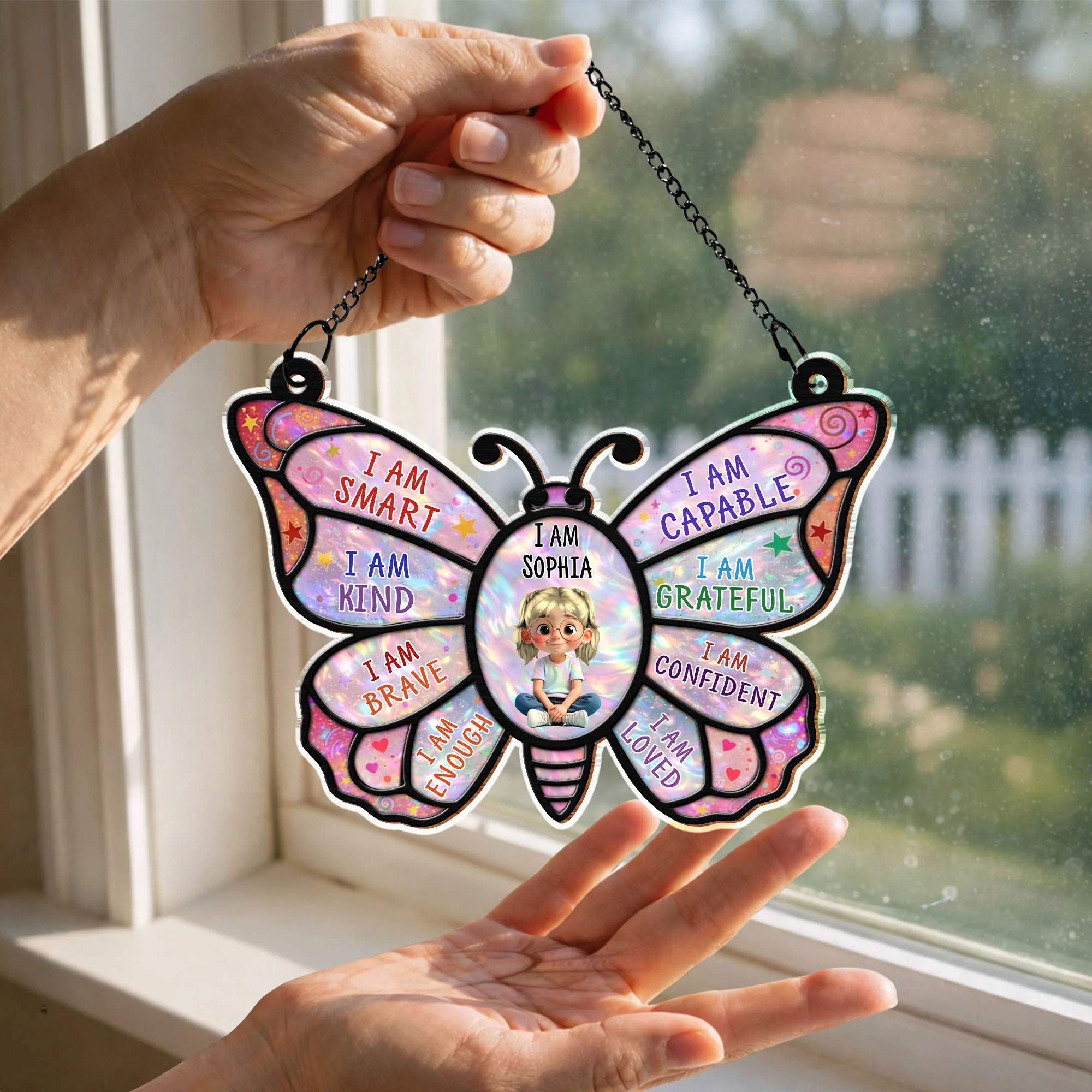 I Am Smart Kind Brave Affirmation Butterfly With Little Girl Design - Personalized Custom Suncatcher - KID579_CSUN - Image 10