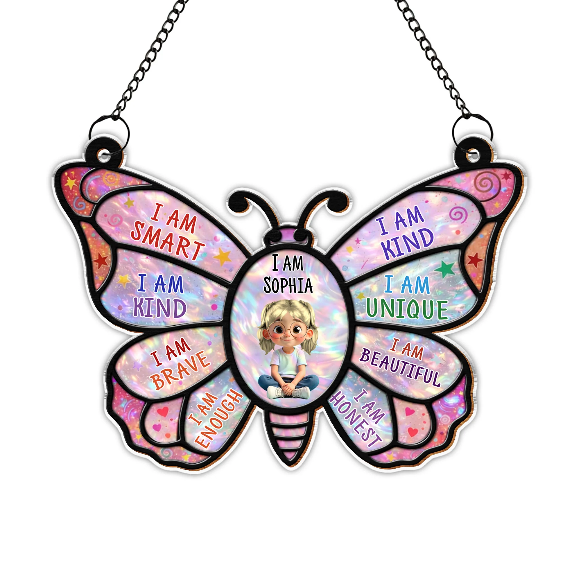 I Am Smart Kind Brave Affirmation Butterfly With Little Girl Design - Personalized Custom Suncatcher - KID579_CSUN - Image 11