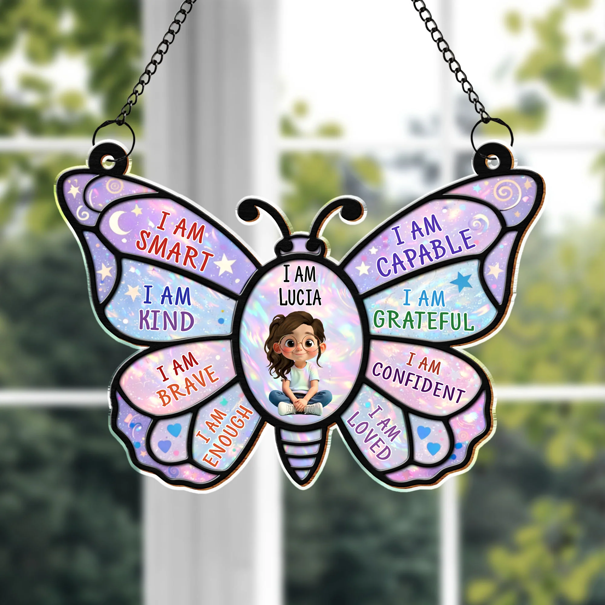 I Am Smart Kind Brave Affirmation Butterfly With Little Girl Design - Personalized Custom Suncatcher - KID579_CSUN - Image 3