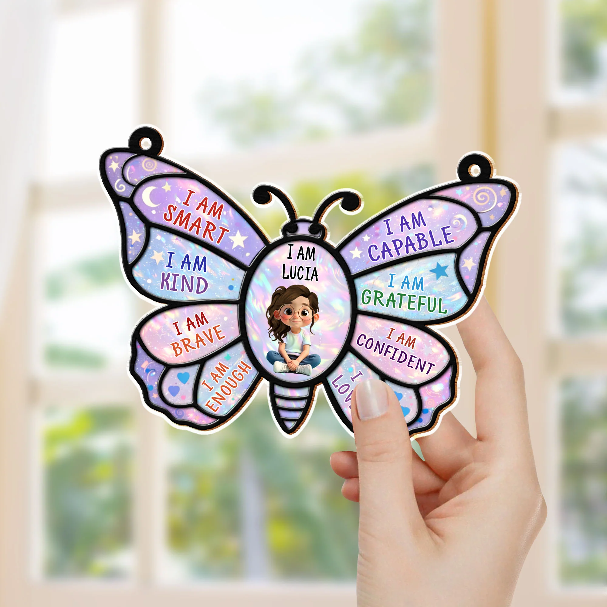 I Am Smart Kind Brave Affirmation Butterfly With Little Girl Design - Personalized Custom Suncatcher - KID579_CSUN - Image 4