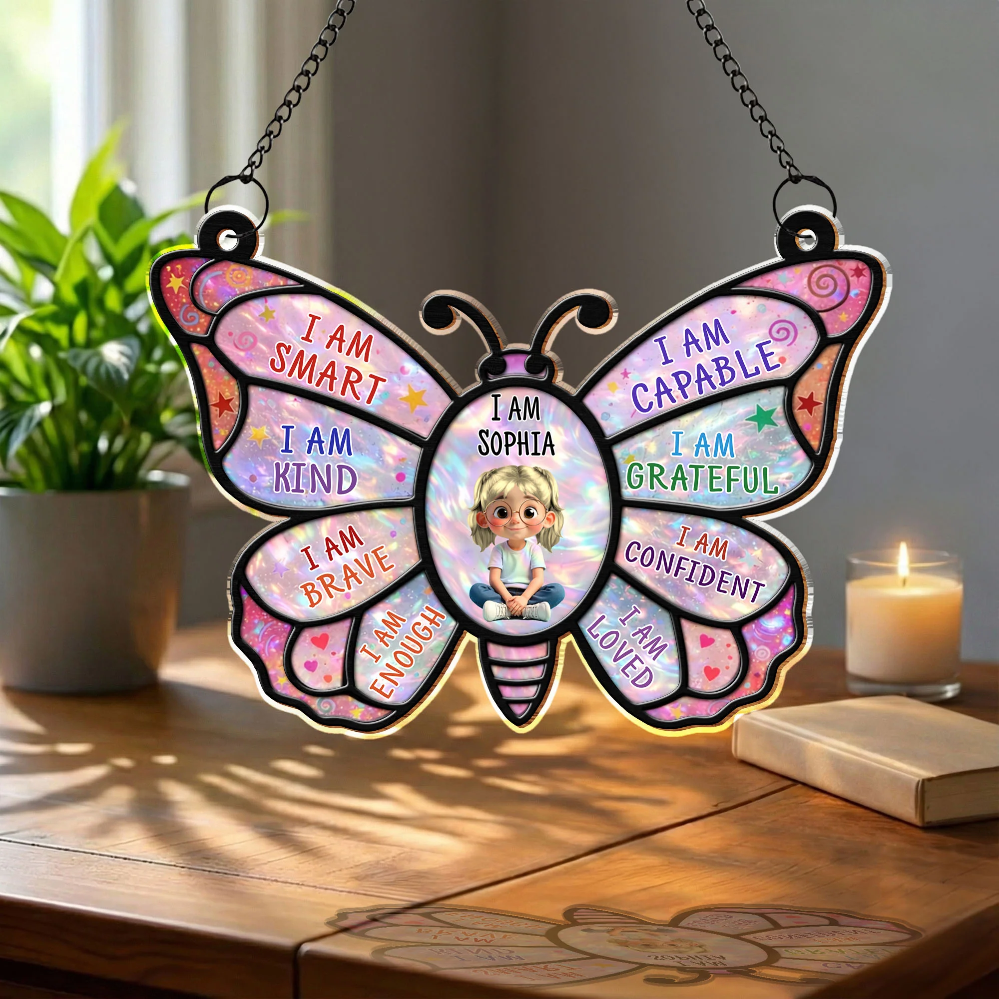 I Am Smart Kind Brave Affirmation Butterfly With Little Girl Design - Personalized Custom Suncatcher - KID579_CSUN - Image 5