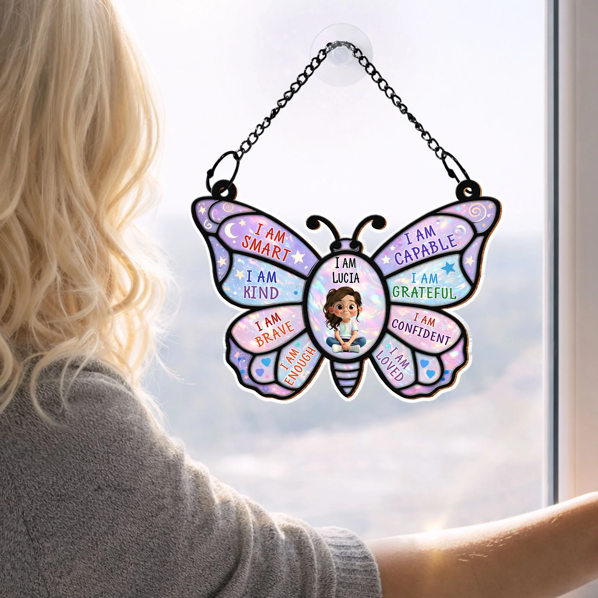 I Am Smart Kind Brave Affirmation Butterfly With Little Girl Design - Personalized Custom Suncatcher - KID579_CSUN - Image 8