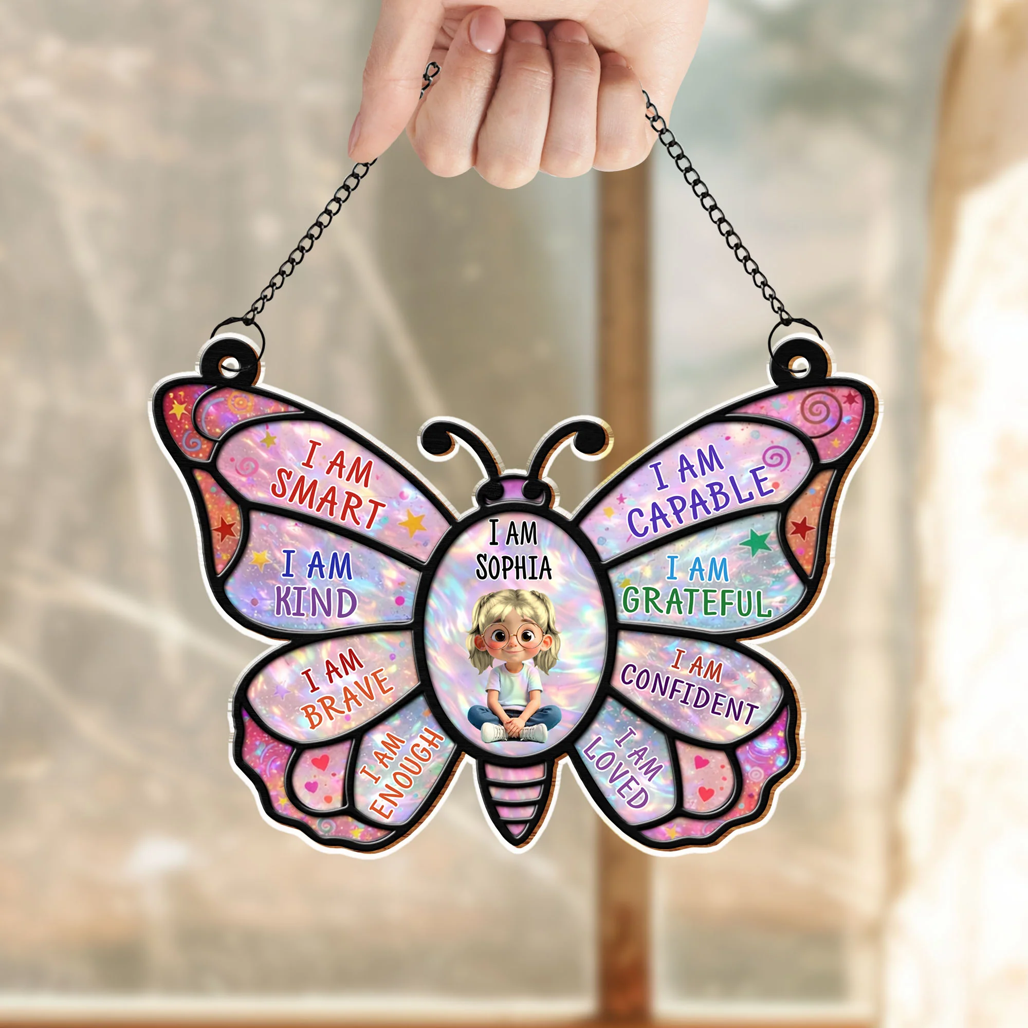 I Am Smart Kind Brave Affirmation Butterfly With Little Girl Design - Personalized Custom Suncatcher - KID579_CSUN - Image 9