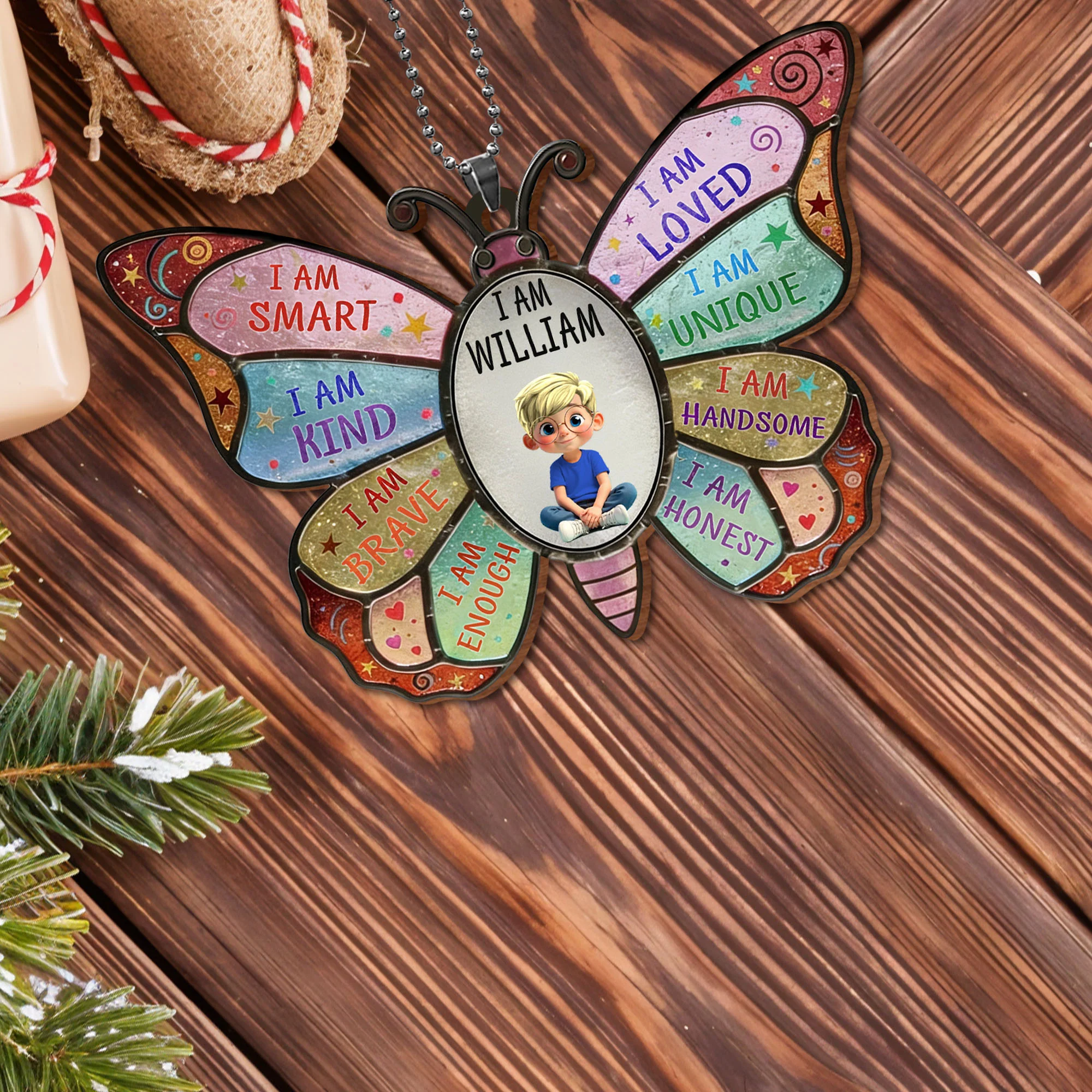 I Am Smart Kind Brave Affirmation Butterfly With Personalized Girl - Personalized Custom Wood Ornament, Car Hanging Ornament - KID479_WCA - Image 11