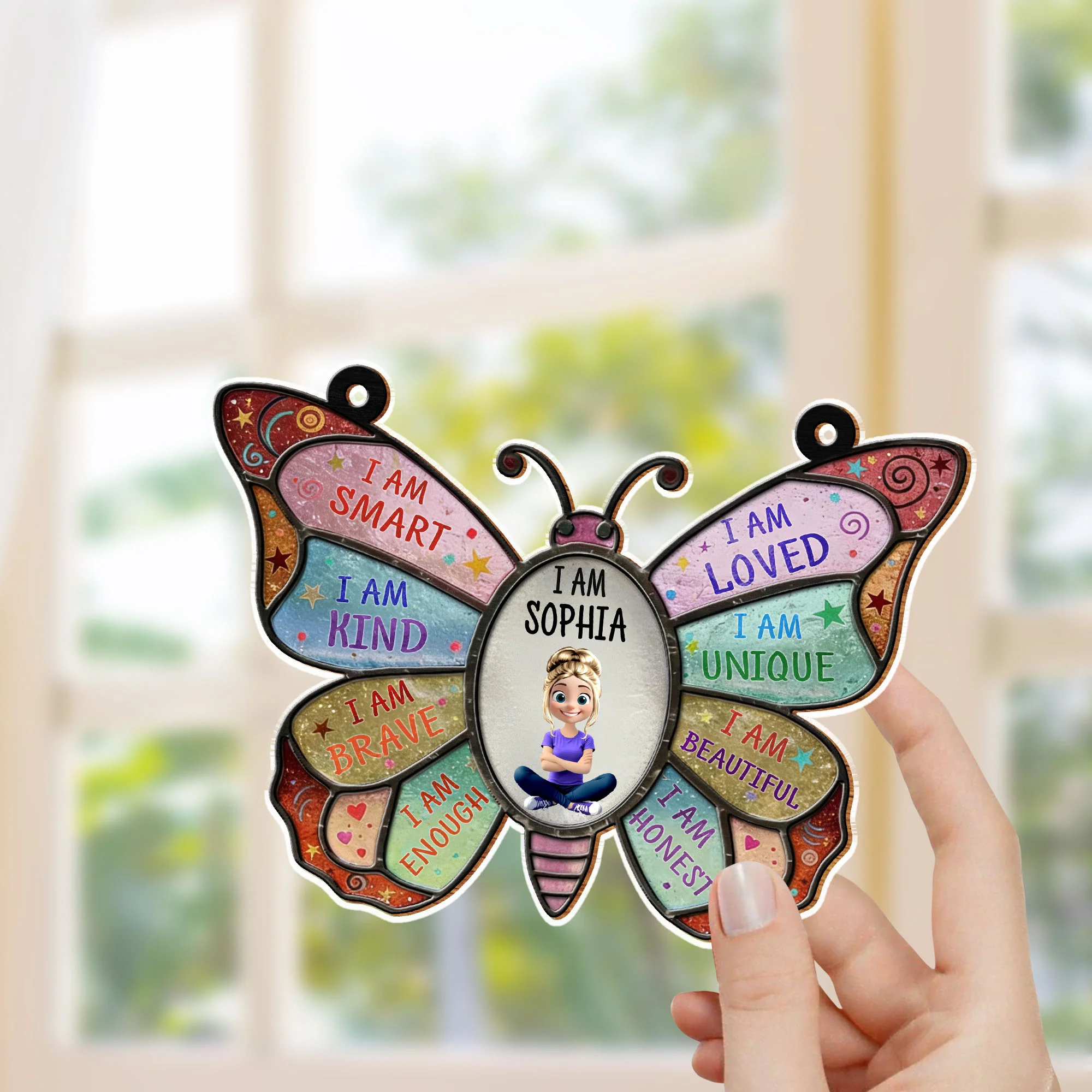 I Am Smart Kind Brave Affirmation Colorful Butterfly With Girl - Personalized Custom Suncatcher - HER009_CSUN - Image 3