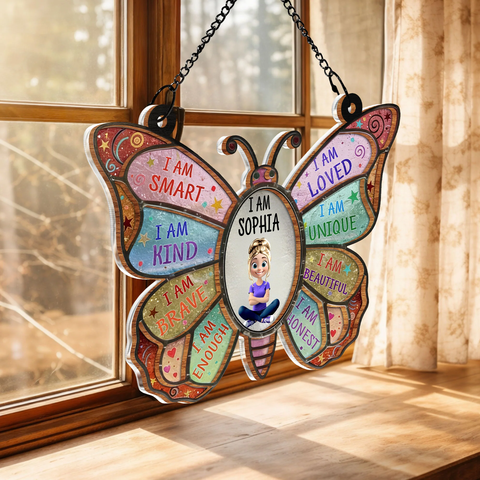 I Am Smart Kind Brave Affirmation Colorful Butterfly With Girl - Personalized Custom Suncatcher - HER009_CSUN - Image 4