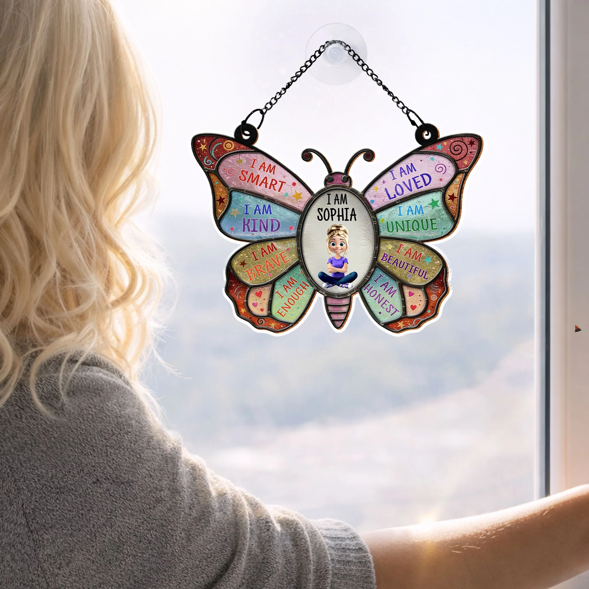 I Am Smart Kind Brave Affirmation Colorful Butterfly With Girl - Personalized Custom Suncatcher - HER009_CSUN - Image 5