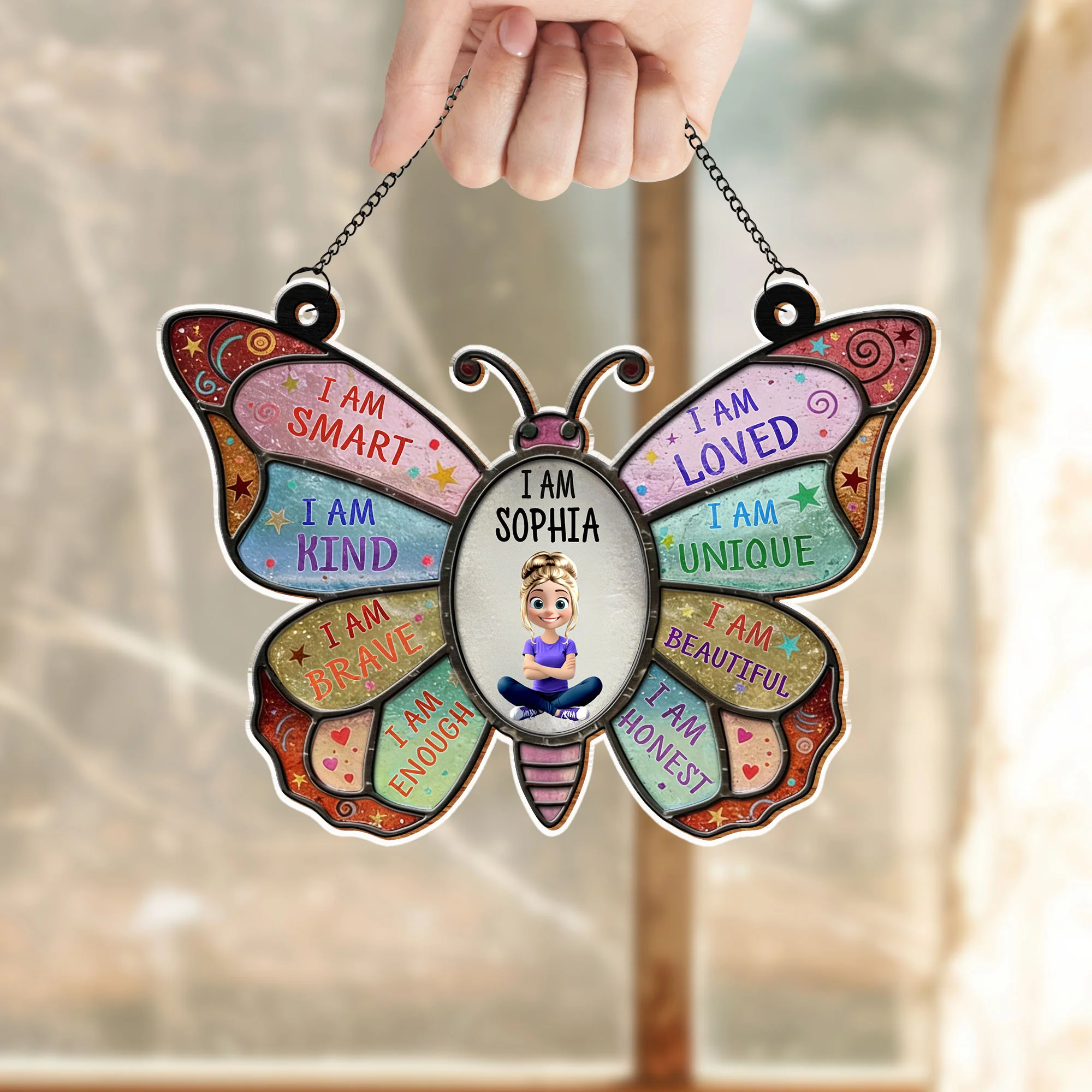 I Am Smart Kind Brave Affirmation Colorful Butterfly With Girl - Personalized Custom Suncatcher - HER009_CSUN - Image 6