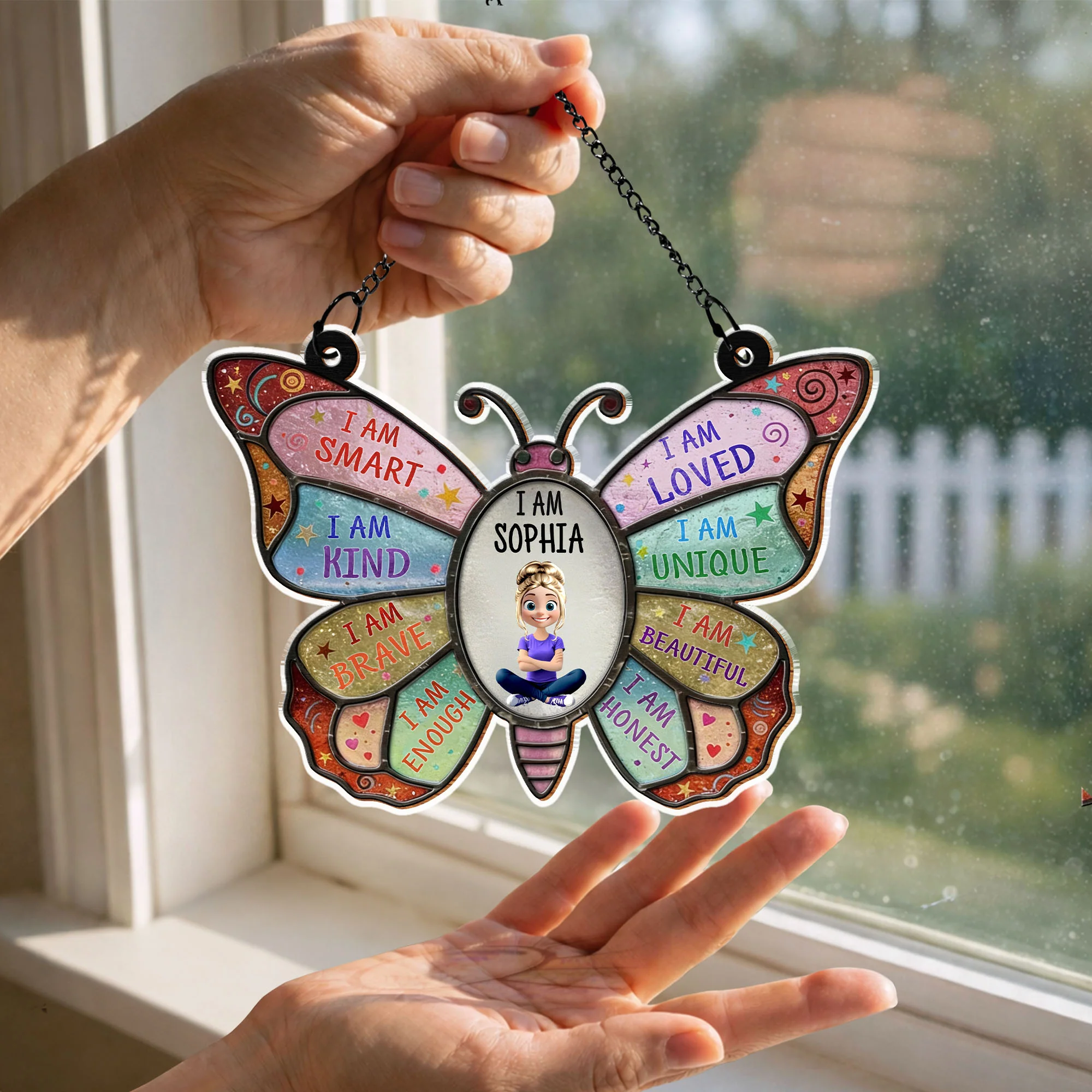 I Am Smart Kind Brave Affirmation Colorful Butterfly With Girl - Personalized Custom Suncatcher - HER009_CSUN - Image 8