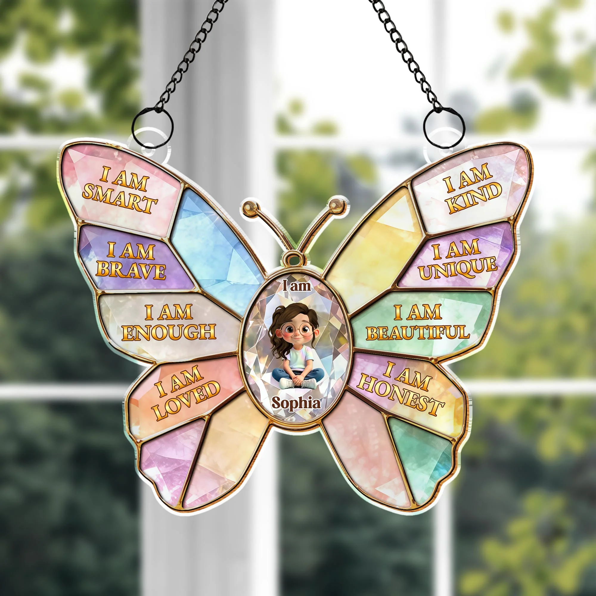 I Am Smart Kind Brave Affirmations Colorful Butterfly Girl - Personalized Custom Suncatcher - KID576_CSUN