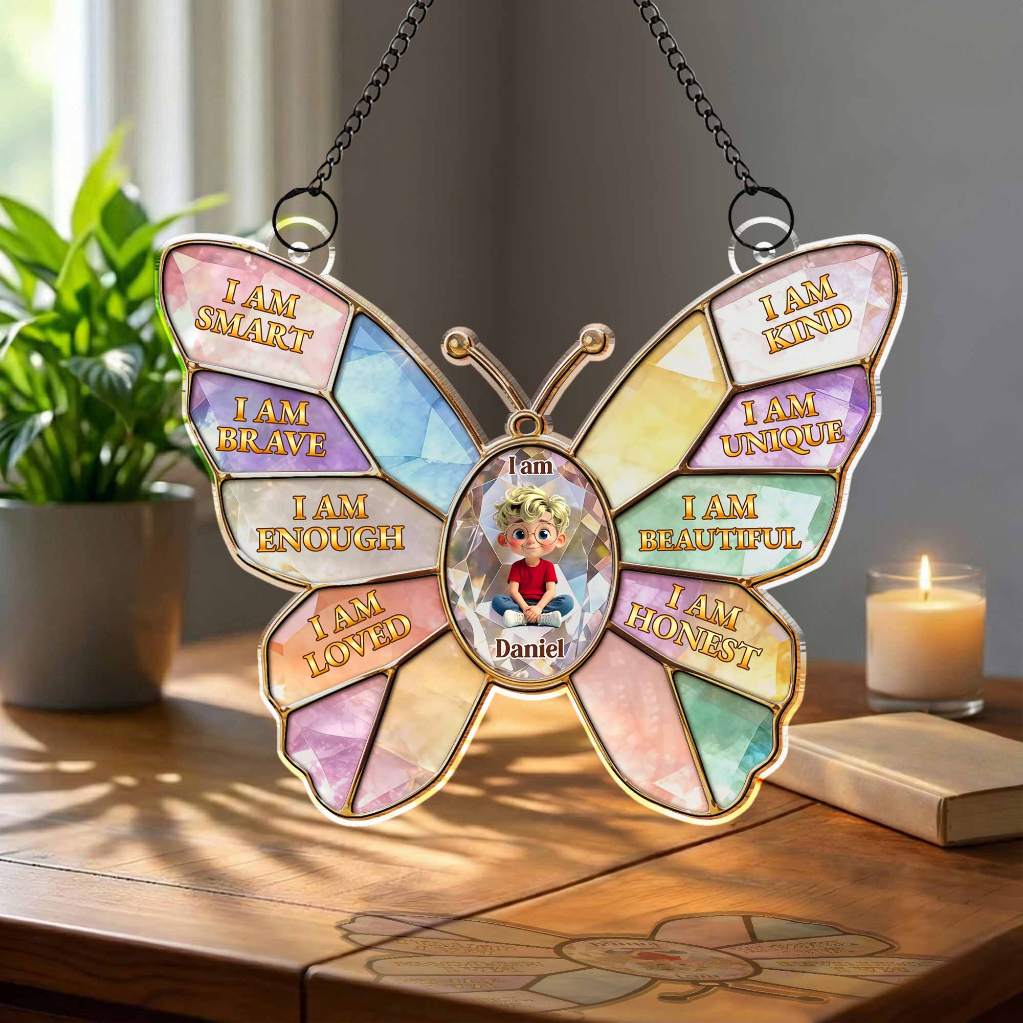 I Am Smart Kind Brave Affirmations Colorful Butterfly Girl - Personalized Custom Suncatcher - KID576_CSUN - Image 2