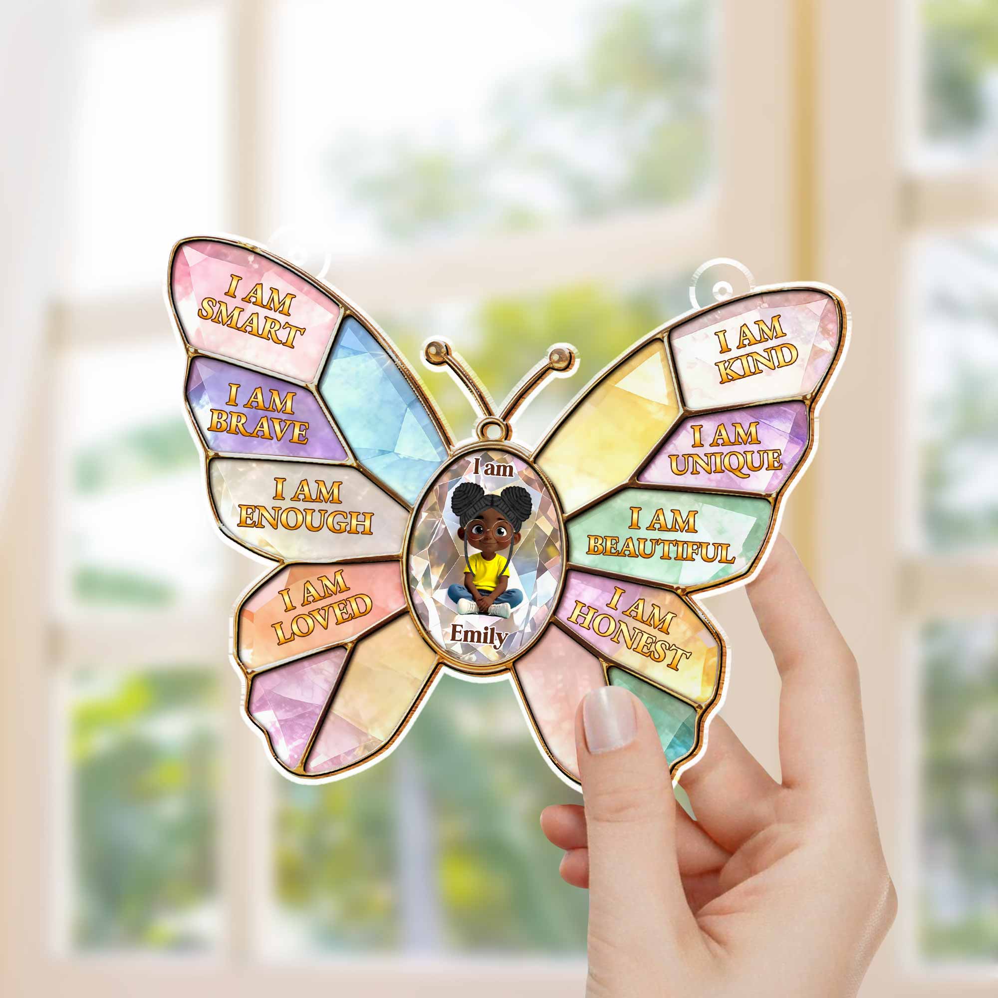 I Am Smart Kind Brave Affirmations Colorful Butterfly Girl - Personalized Custom Suncatcher - KID576_CSUN - Image 4