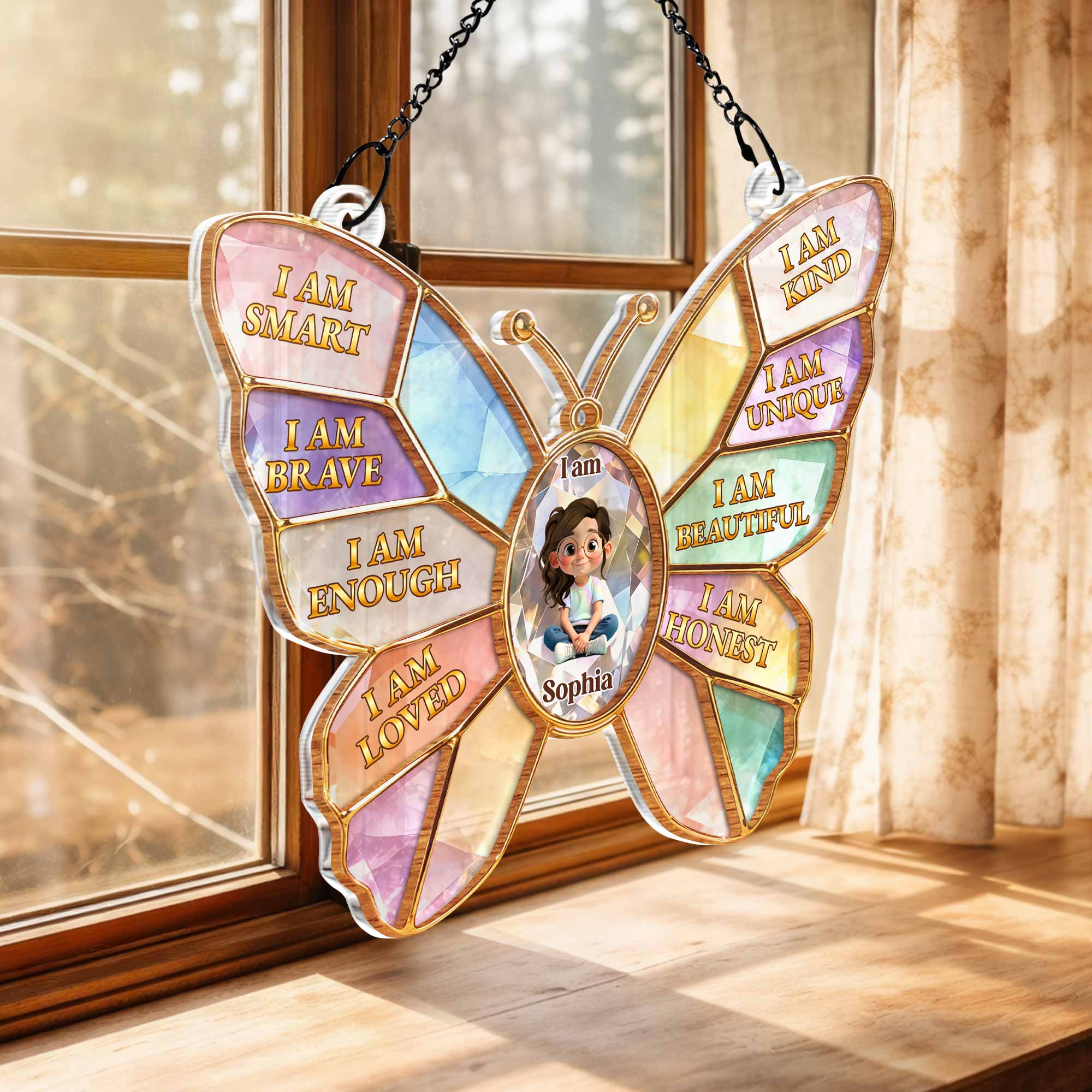 I Am Smart Kind Brave Affirmations Colorful Butterfly Girl - Personalized Custom Suncatcher - KID576_CSUN - Image 5