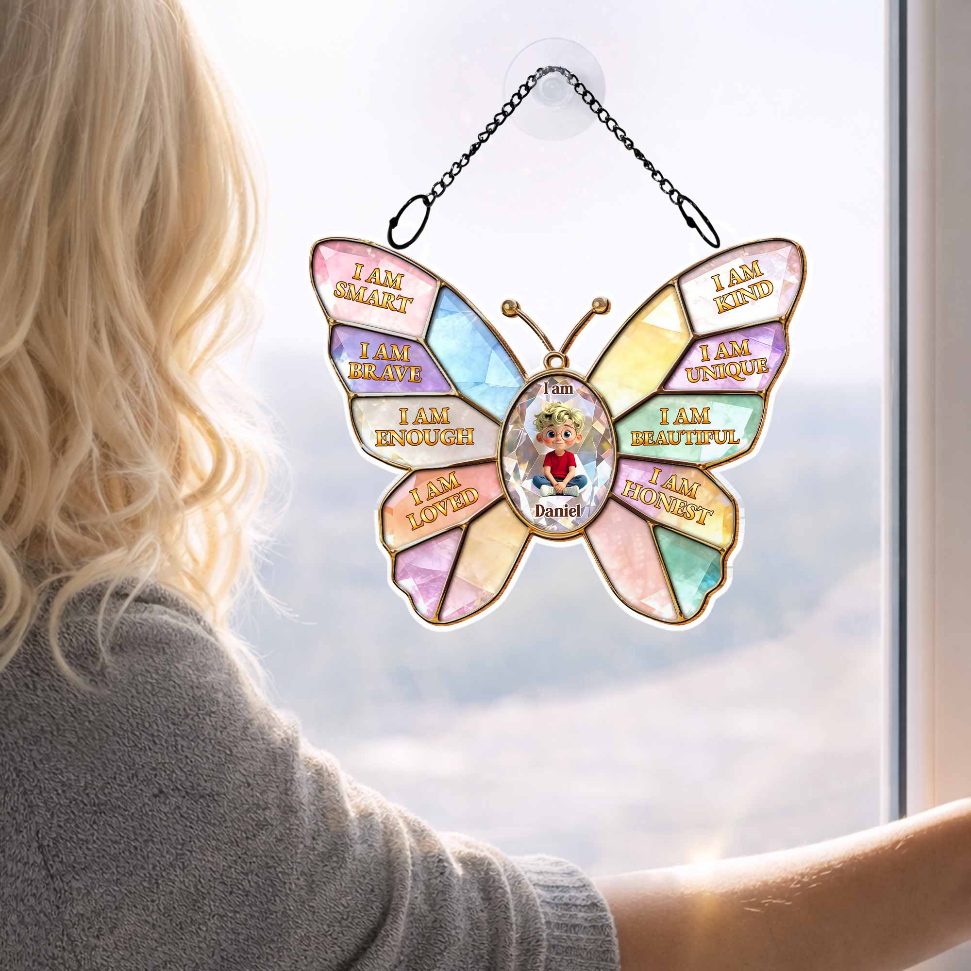 I Am Smart Kind Brave Affirmations Colorful Butterfly Girl - Personalized Custom Suncatcher - KID576_CSUN - Image 6