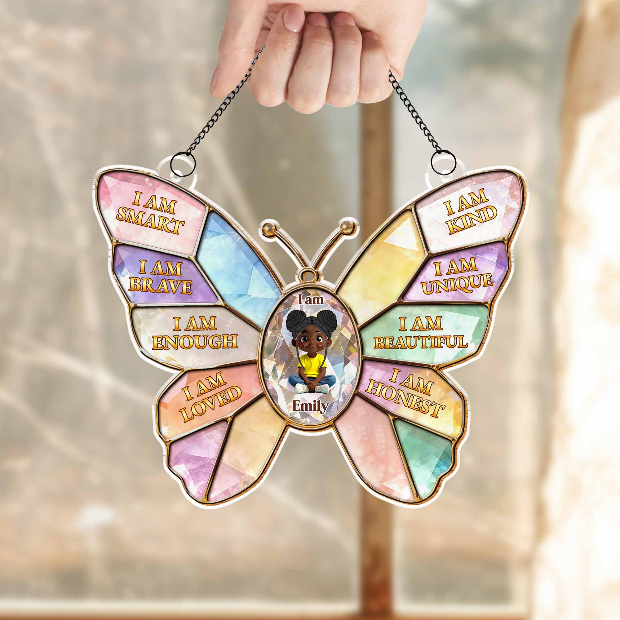 I Am Smart Kind Brave Affirmations Colorful Butterfly Girl - Personalized Custom Suncatcher - KID576_CSUN - Image 7