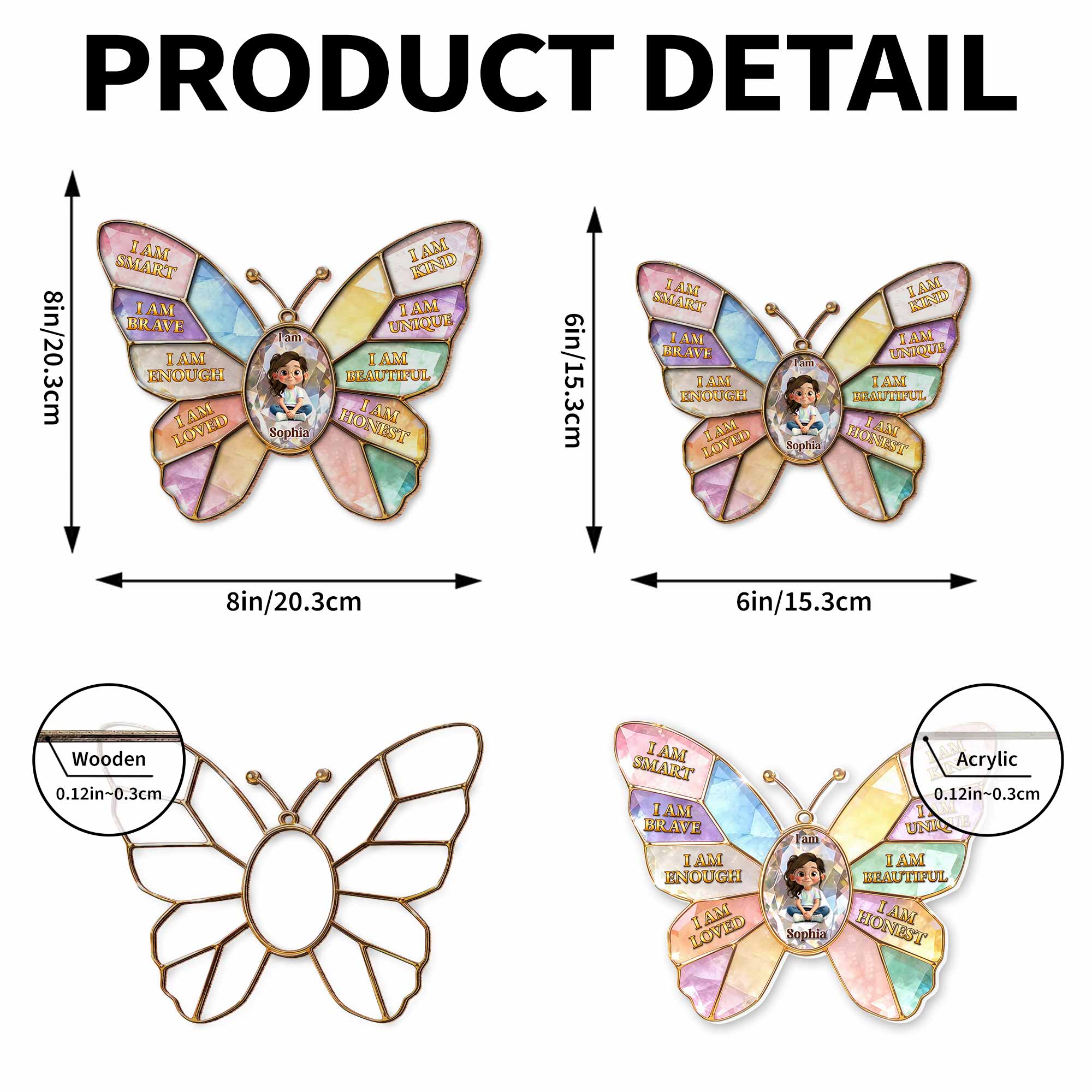 I Am Smart Kind Brave Affirmations Colorful Butterfly Girl - Personalized Custom Suncatcher - KID576_CSUN - Image 8