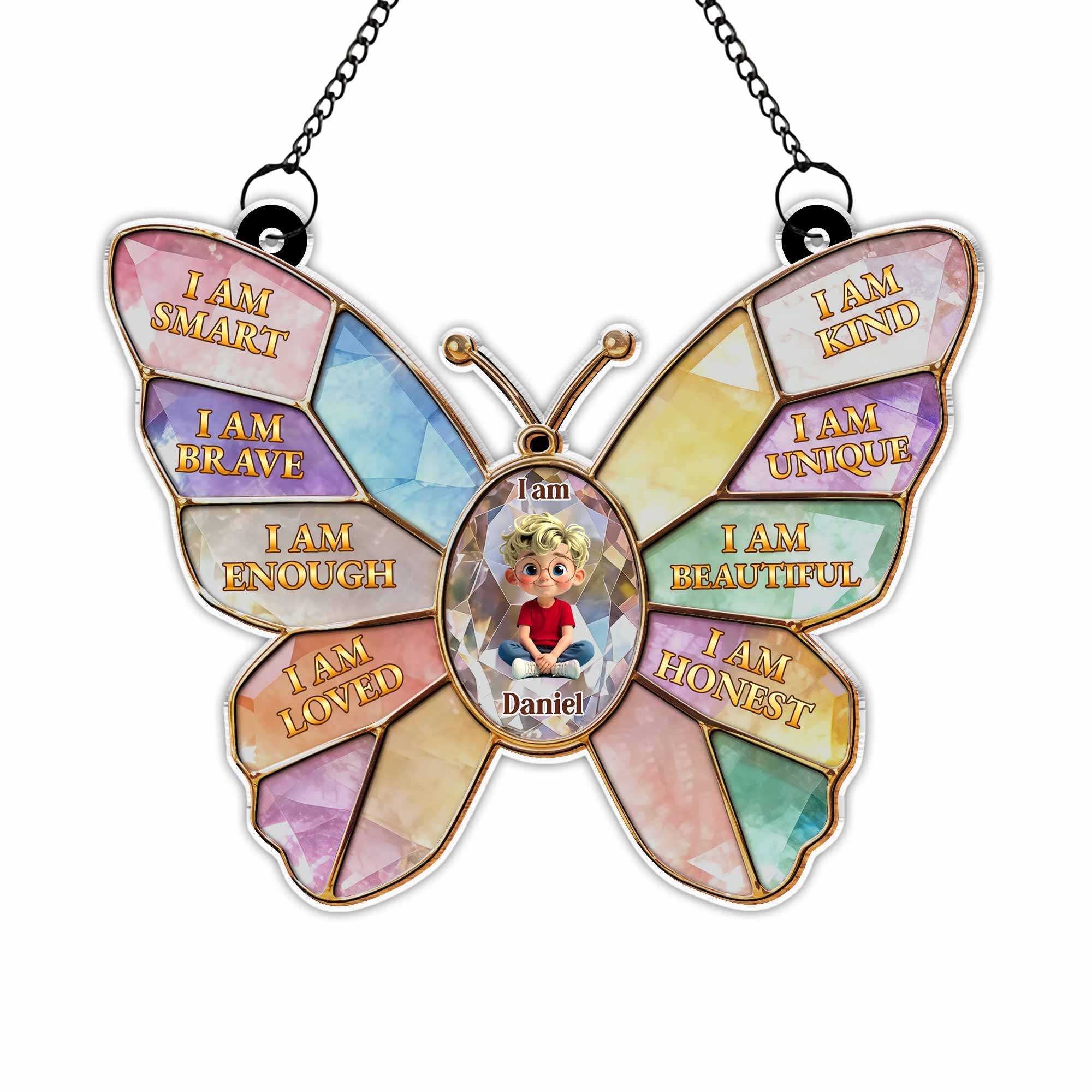 I Am Smart Kind Brave Affirmations Colorful Butterfly Girl - Personalized Custom Suncatcher - KID576_CSUN - Image 9