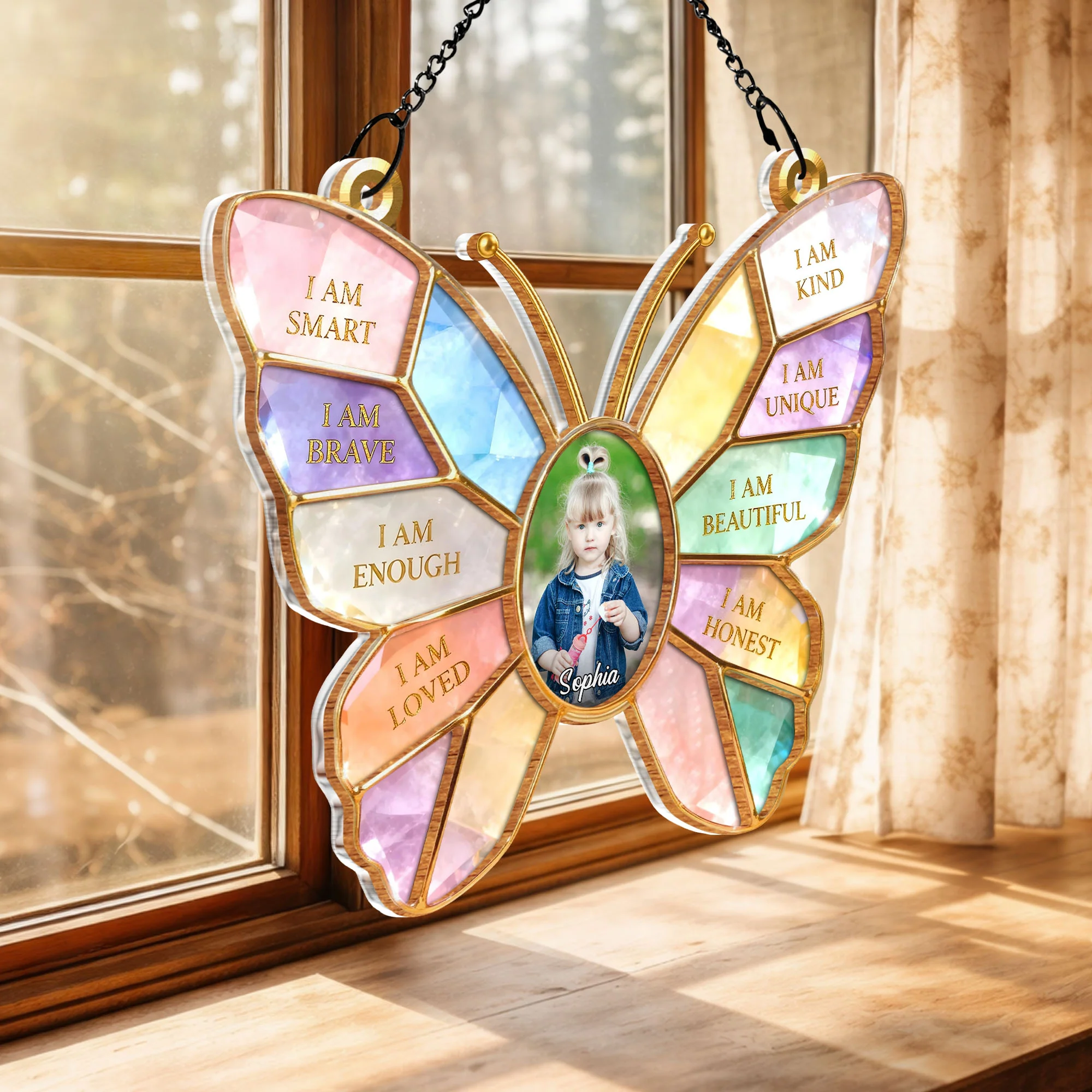 I Am Smart Kind Brave Butterfly Affirmations With Photo Custom Design - Personalized Custom Suncatcher - KID574_CSUN - Image 4