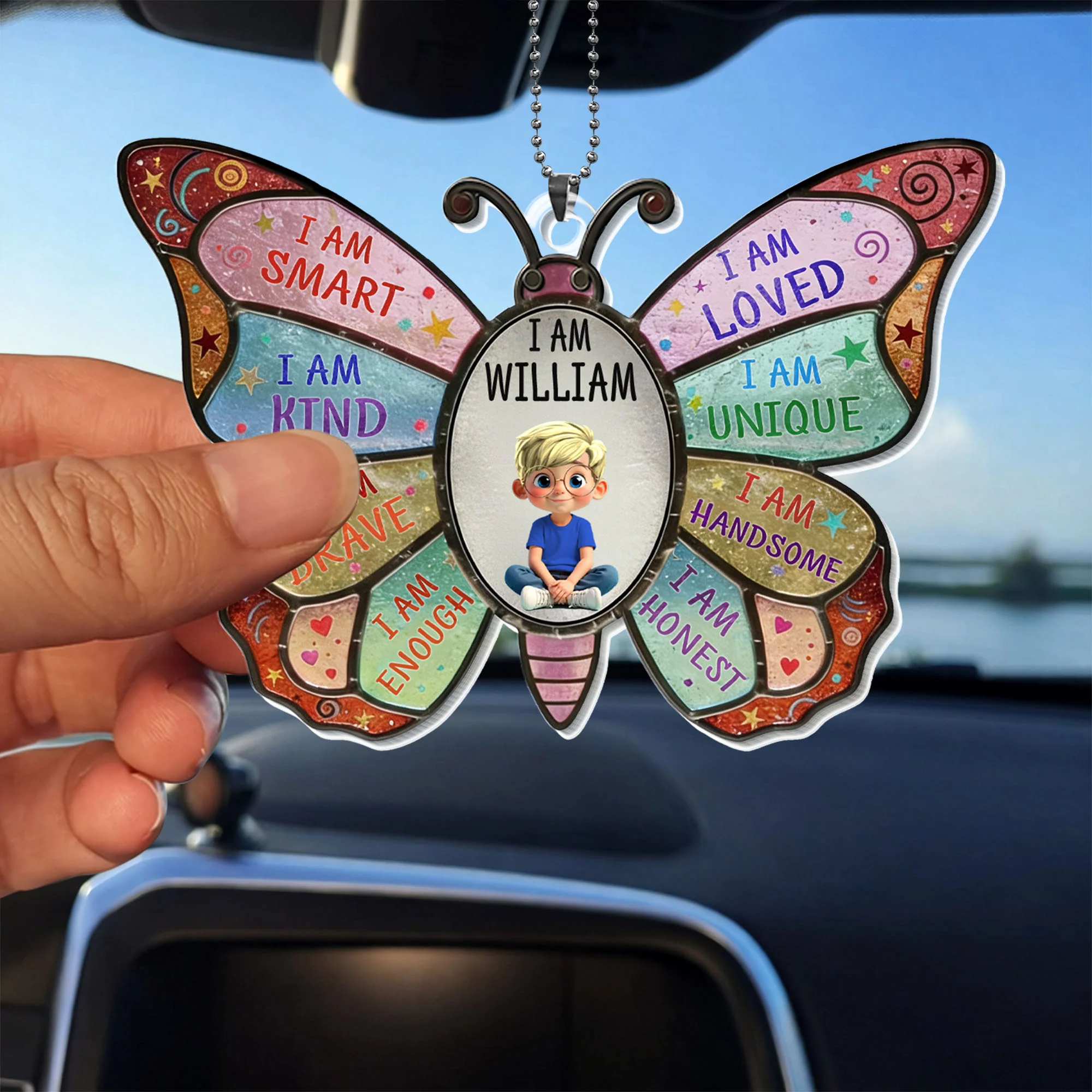 I Am Smart Kind Brave Enough Butterfly With Boy Affirmations Design - Personalized Custom Acrylic Ornament, Car Hanging Ornament - KID479_ACA - Image 3