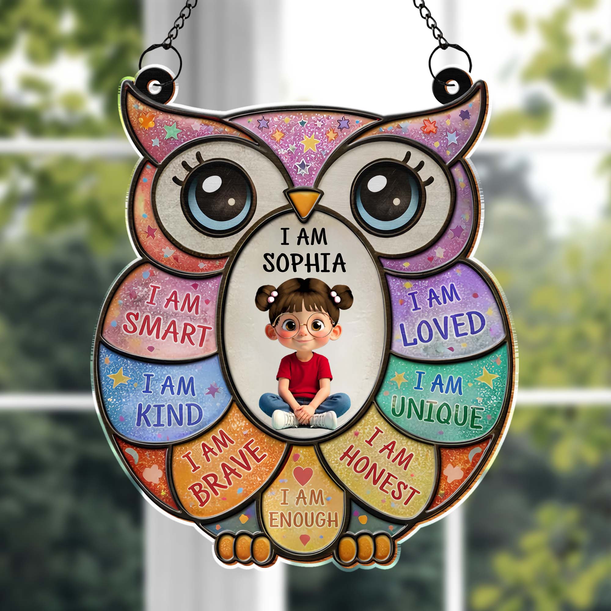 I Am Smart Loved Kind Affirmations Personalized Owl With Little Girl - Personalized Custom Suncatcher - KID603_CSUN