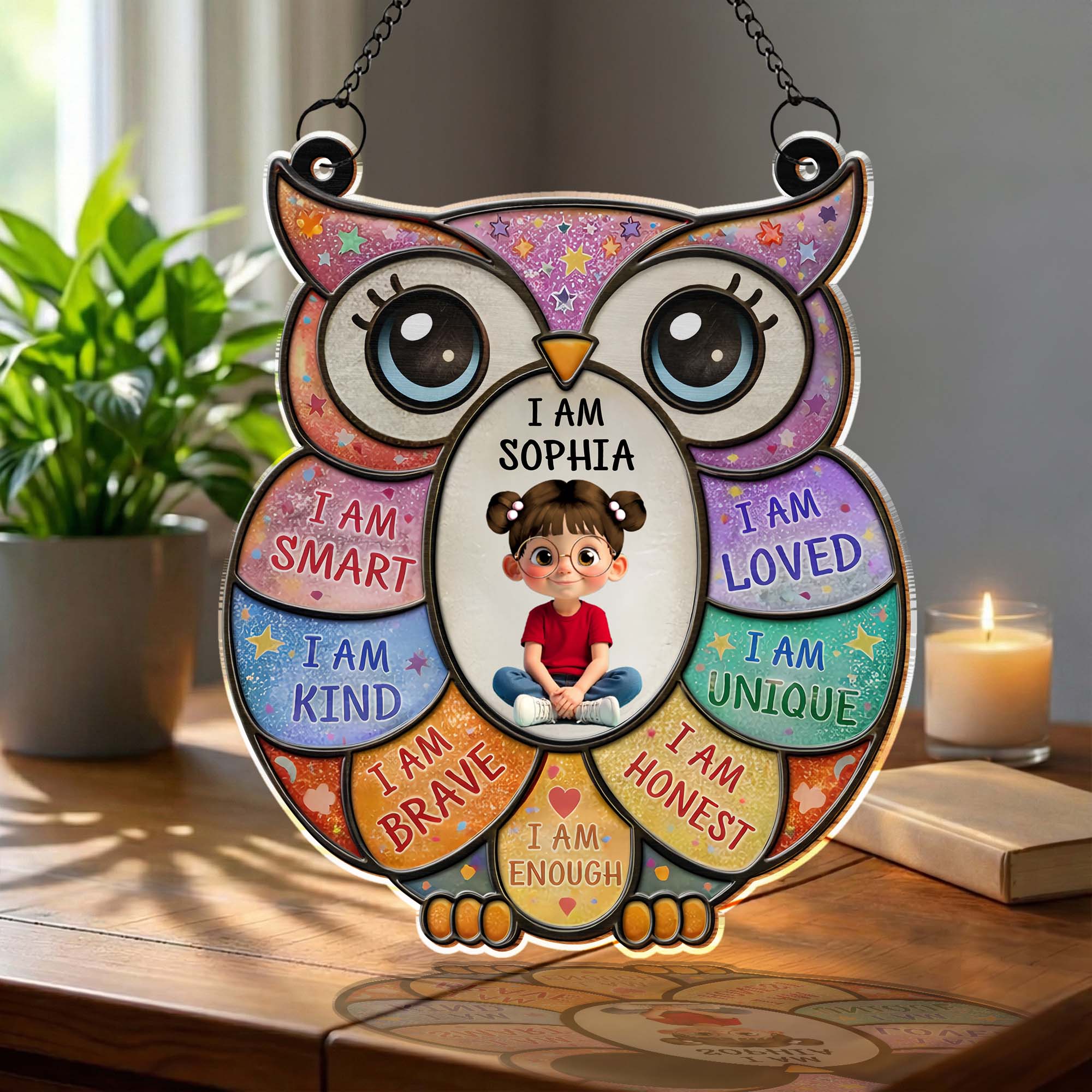 I Am Smart Loved Kind Affirmations Personalized Owl With Little Girl - Personalized Custom Suncatcher - KID603_CSUN - Image 2