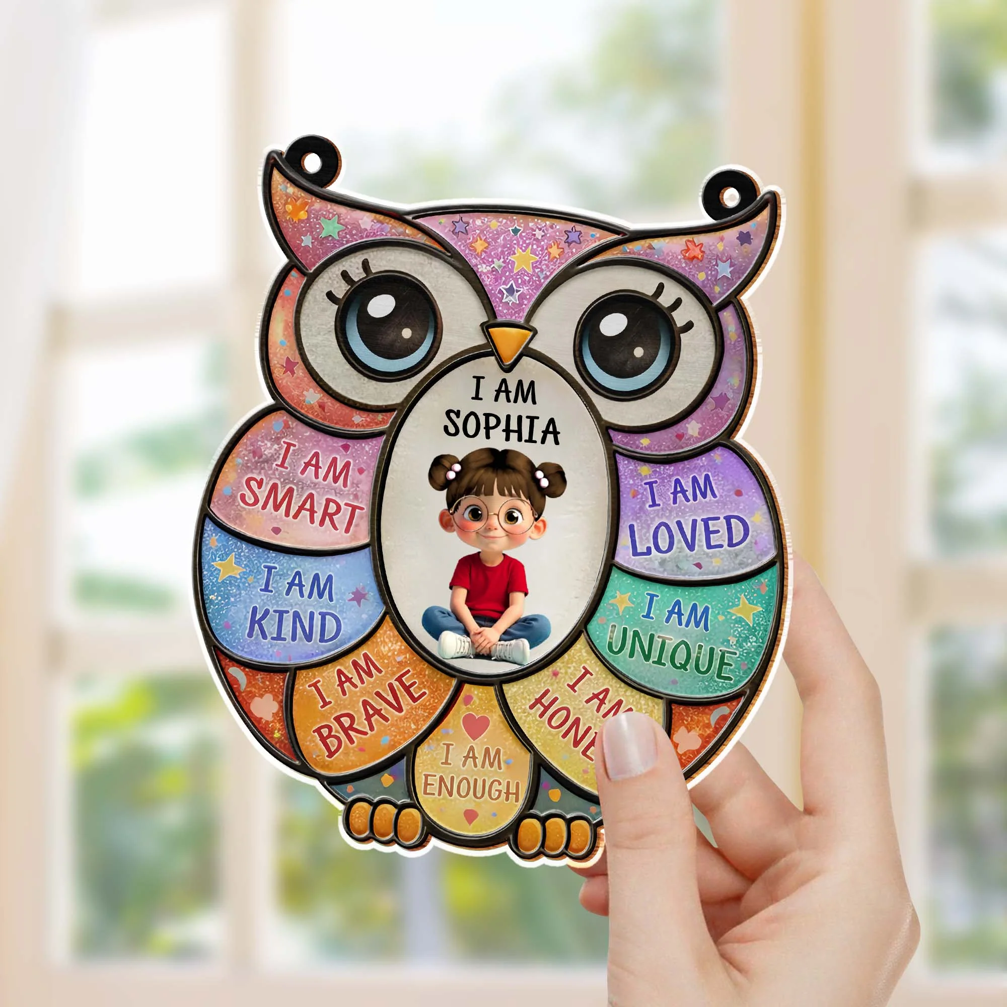 I Am Smart Loved Kind Affirmations Personalized Owl With Little Girl - Personalized Custom Suncatcher - KID603_CSUN - Image 3