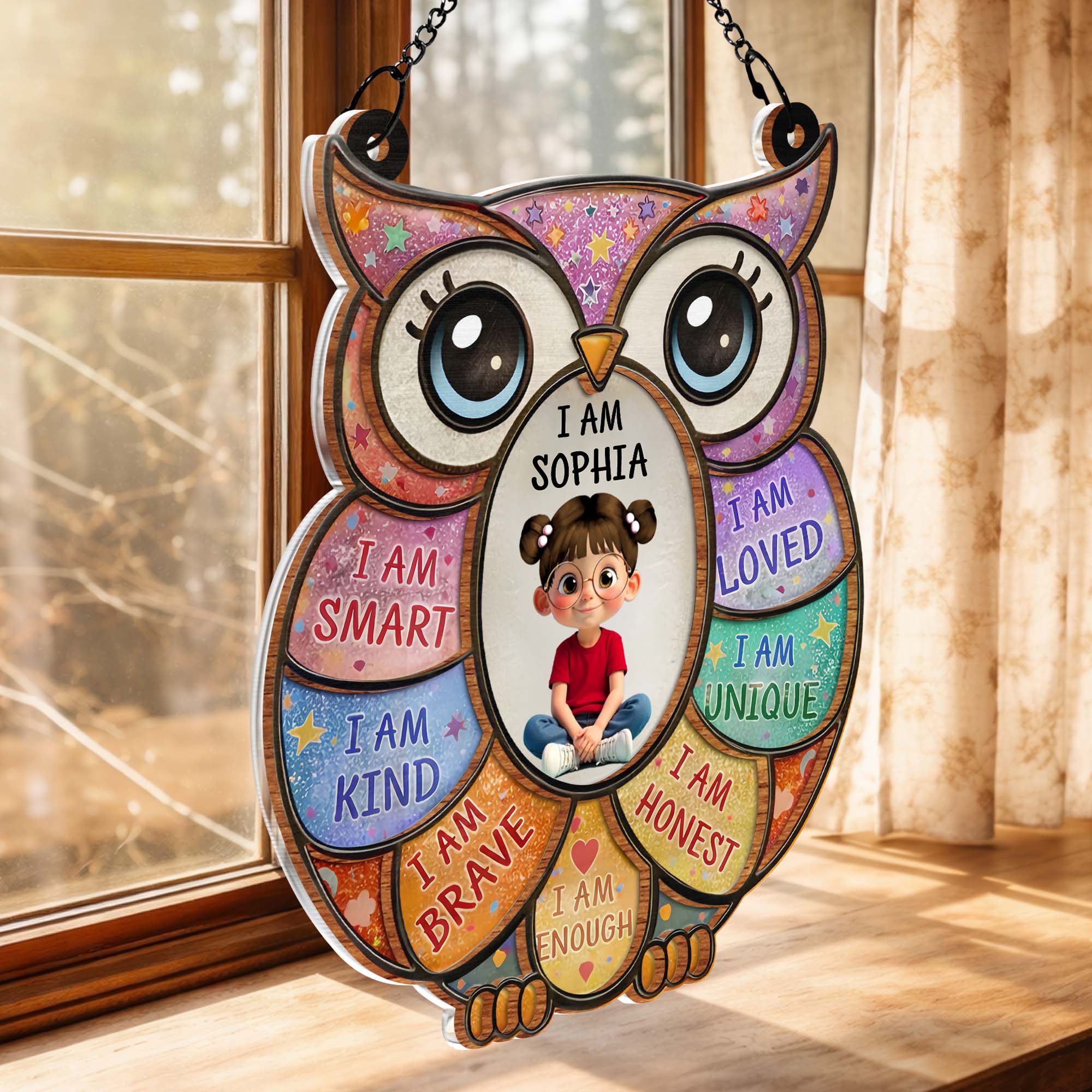I Am Smart Loved Kind Affirmations Personalized Owl With Little Girl - Personalized Custom Suncatcher - KID603_CSUN - Image 4