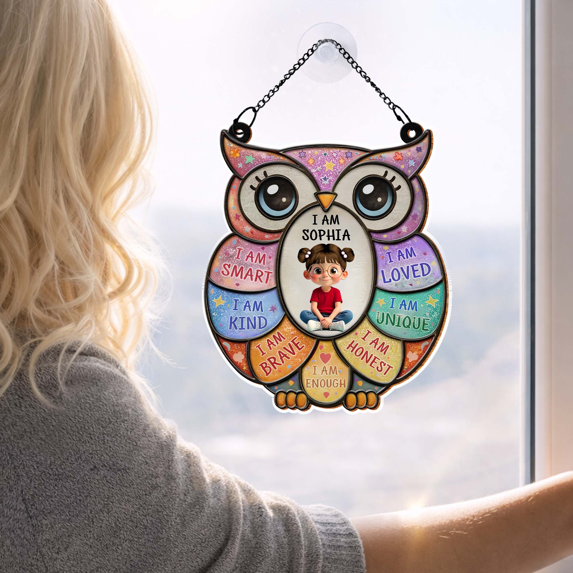 I Am Smart Loved Kind Affirmations Personalized Owl With Little Girl - Personalized Custom Suncatcher - KID603_CSUN - Image 5
