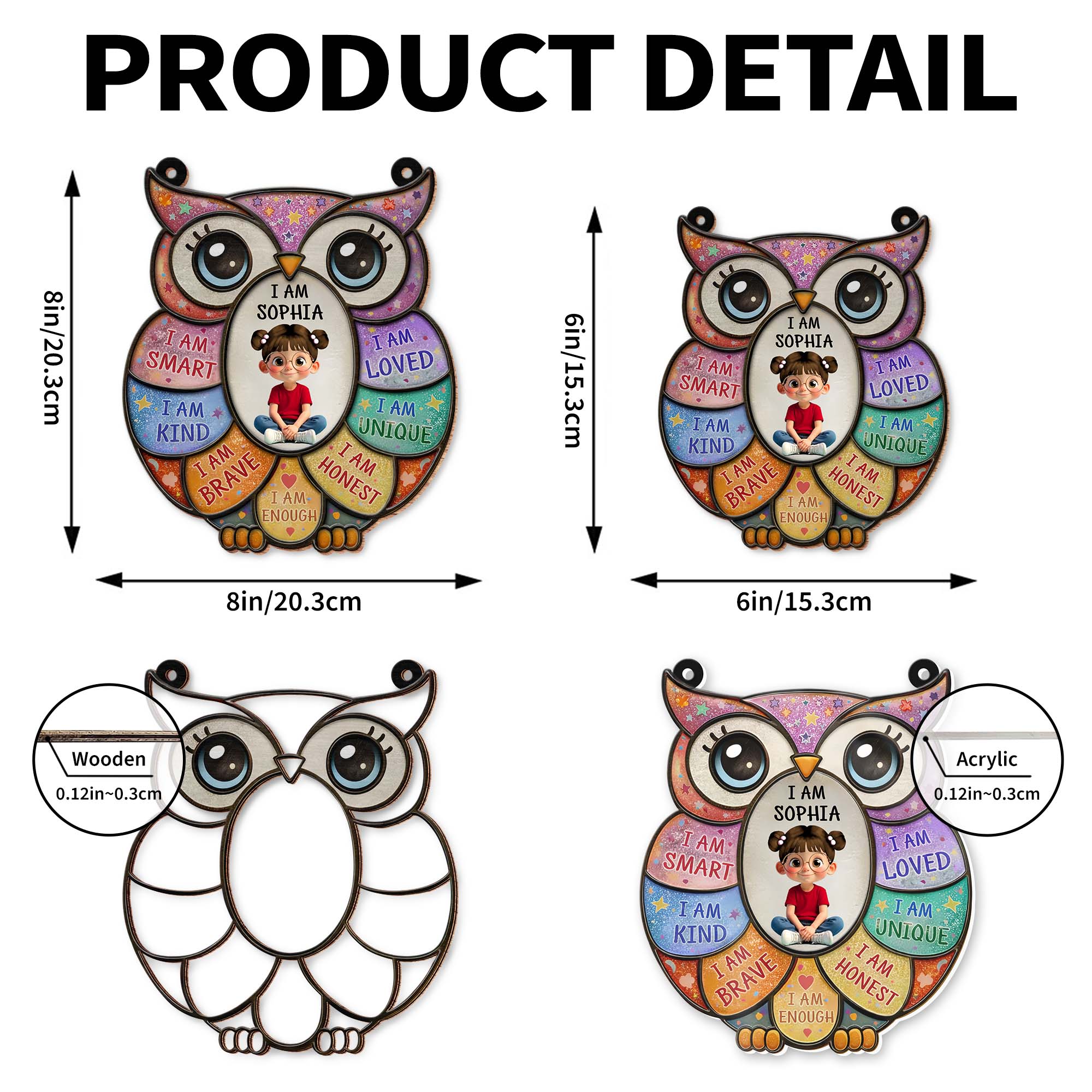 I Am Smart Loved Kind Affirmations Personalized Owl With Little Girl - Personalized Custom Suncatcher - KID603_CSUN - Image 7