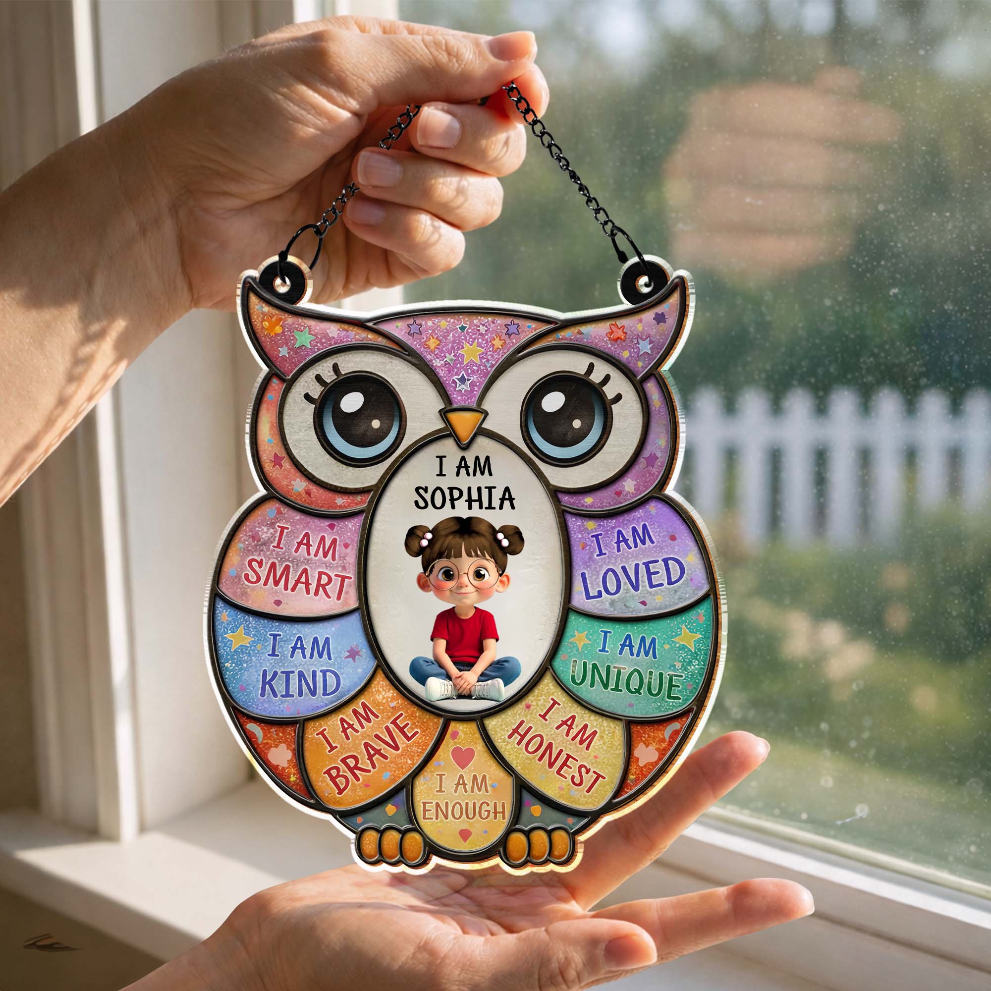 I Am Smart Loved Kind Affirmations Personalized Owl With Little Girl - Personalized Custom Suncatcher - KID603_CSUN - Image 8