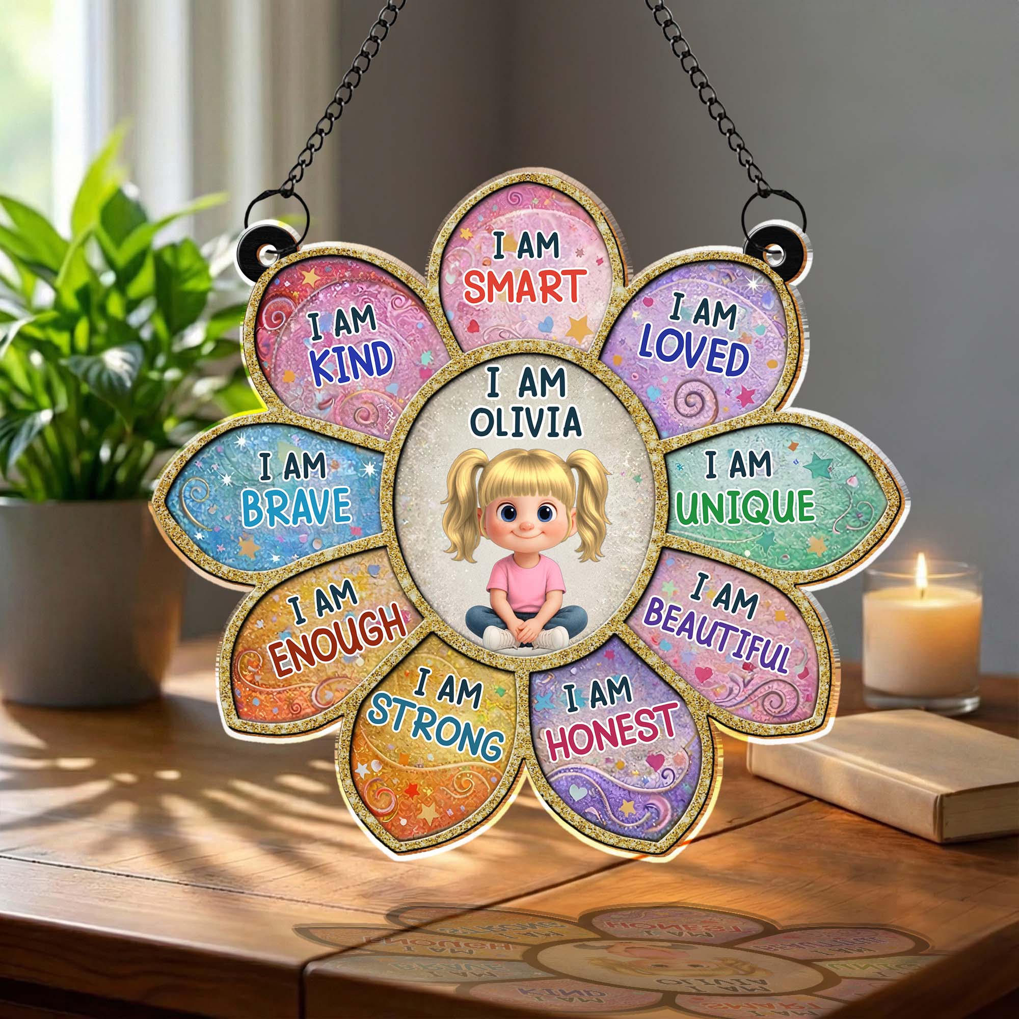 I Am Smart Loved Unique Affirmation Flower With Little Girl Design - Personalized Custom Suncatcher - KID581_CSUN - Image 2